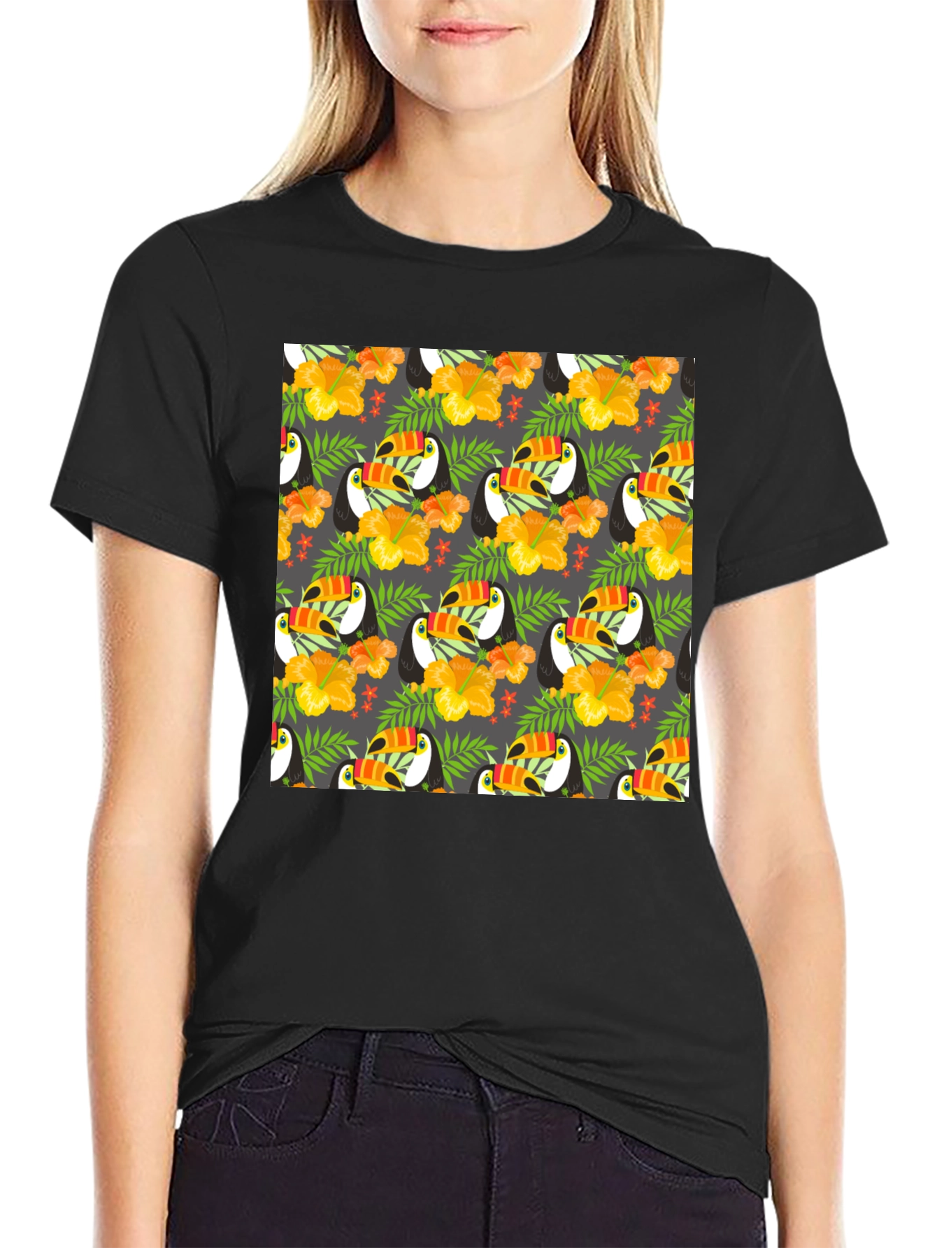 Black Tropical Toucan Print Crew Neck Tee view 2