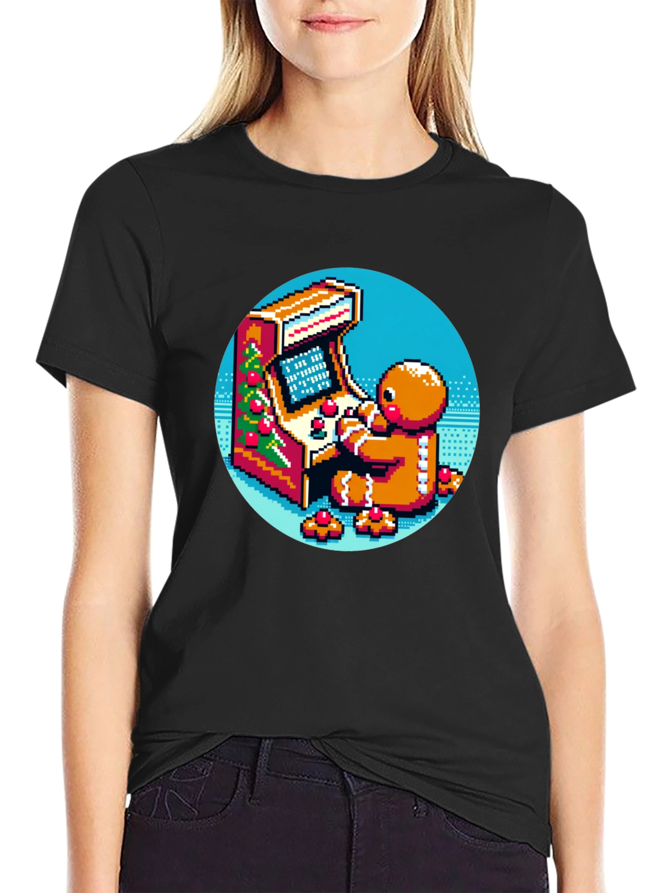 Black Gingerbread Gamer T-Shirt - Retro Pixel Arcade Fun view 2