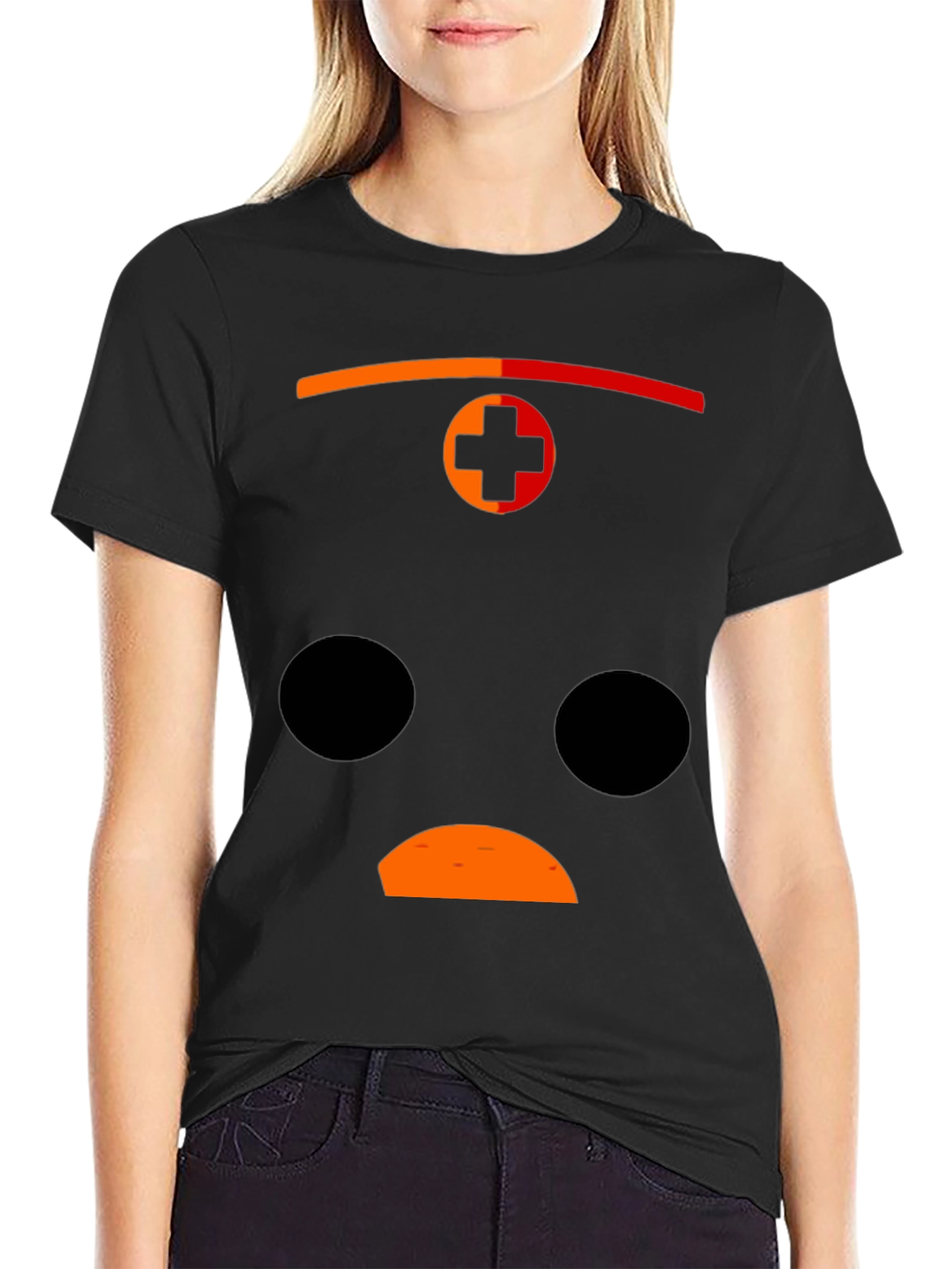 Black Graphic Print Black T-Shirt with Sad Face Design view 2