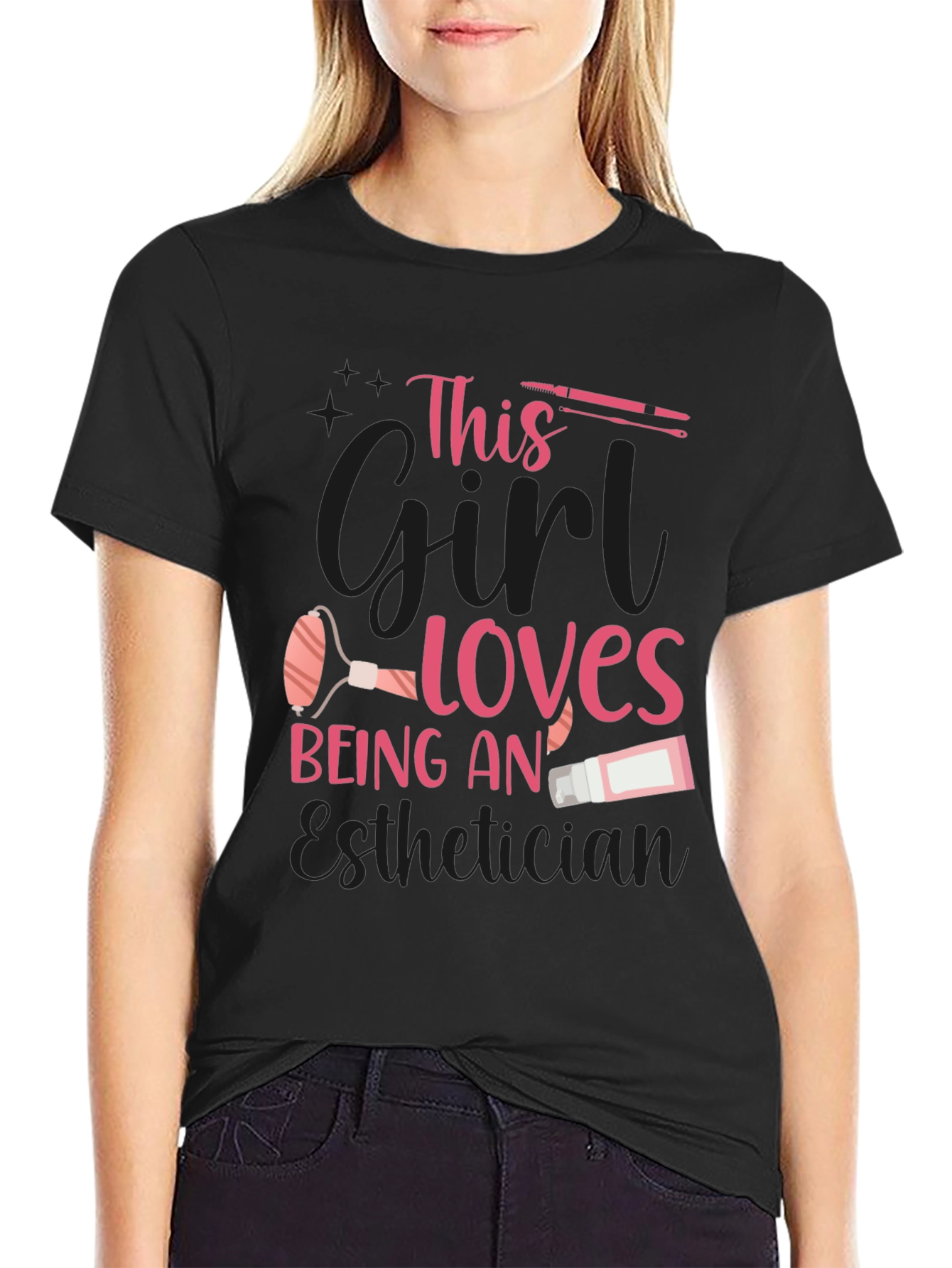 Black Esthetician T-Shirt: "This Girl Loves Being An Esthetician" view 2