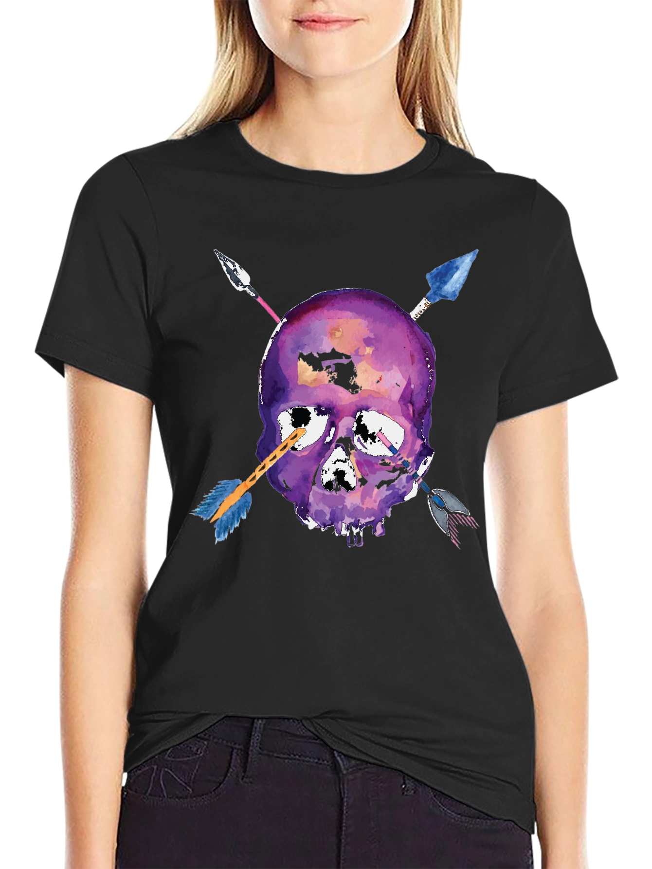 Black Skull Arrows T-Shirt - Unique Watercolor Style view 2