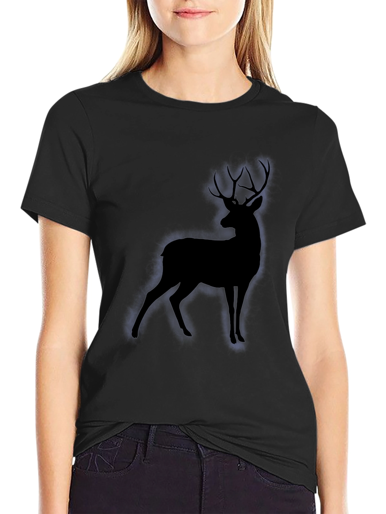 Black Men's Black T-Shirt with Deer Silhouette view 2