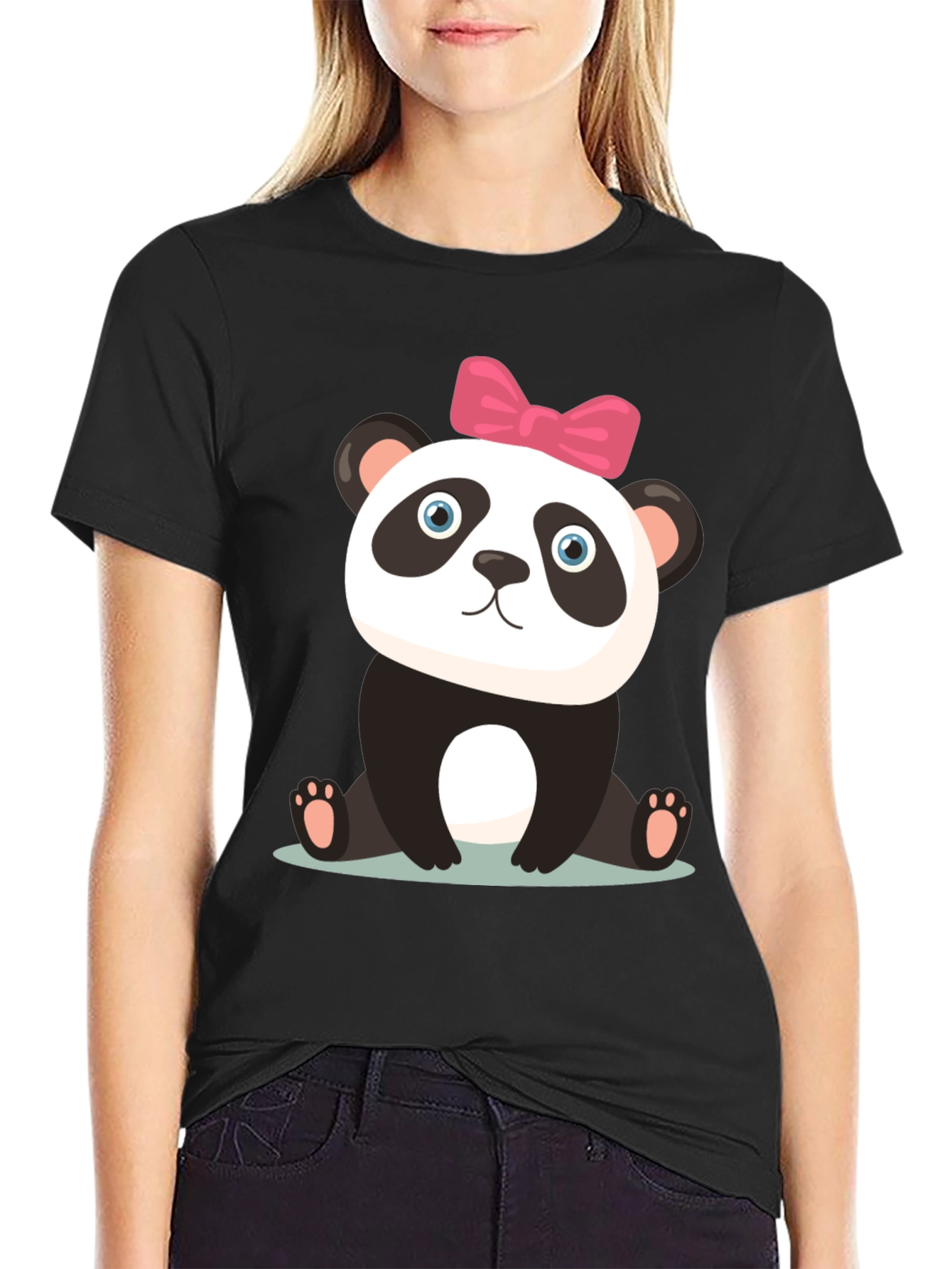 Black Cute Panda Bear Graphic Black T-Shirt view 2