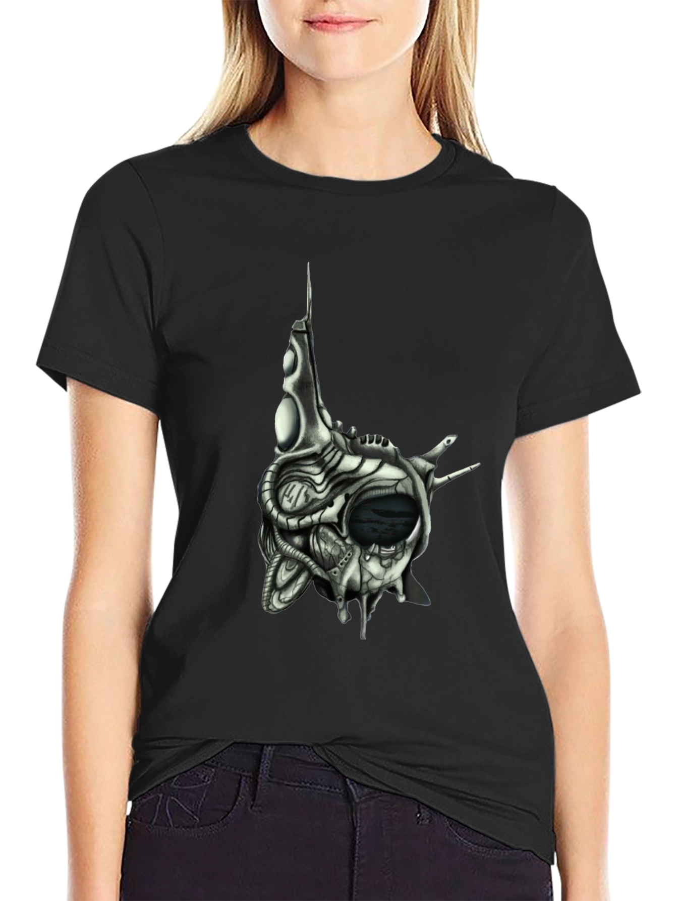 Black Cybernetic Skull T-Shirt - Dark Sci-Fi Style view 2