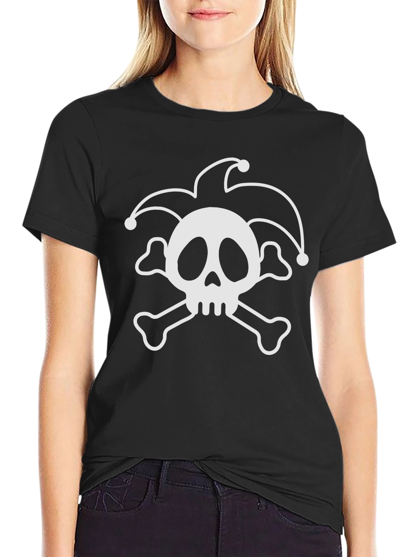 Black Jester Skull T-Shirt - Black Cotton Crew Neck view 2