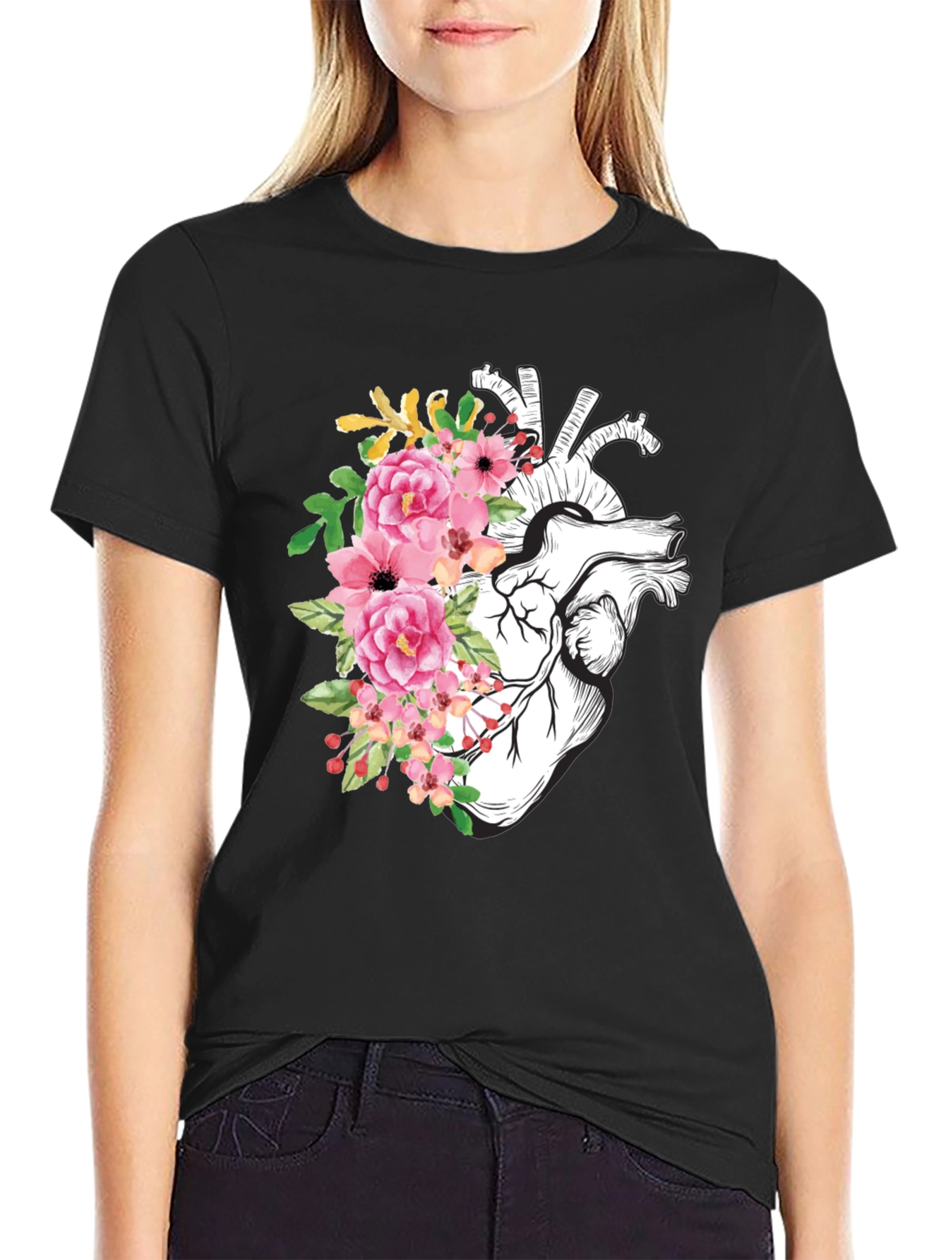 Black Floral Heart Graphic Tee - Anatomical Style view 2