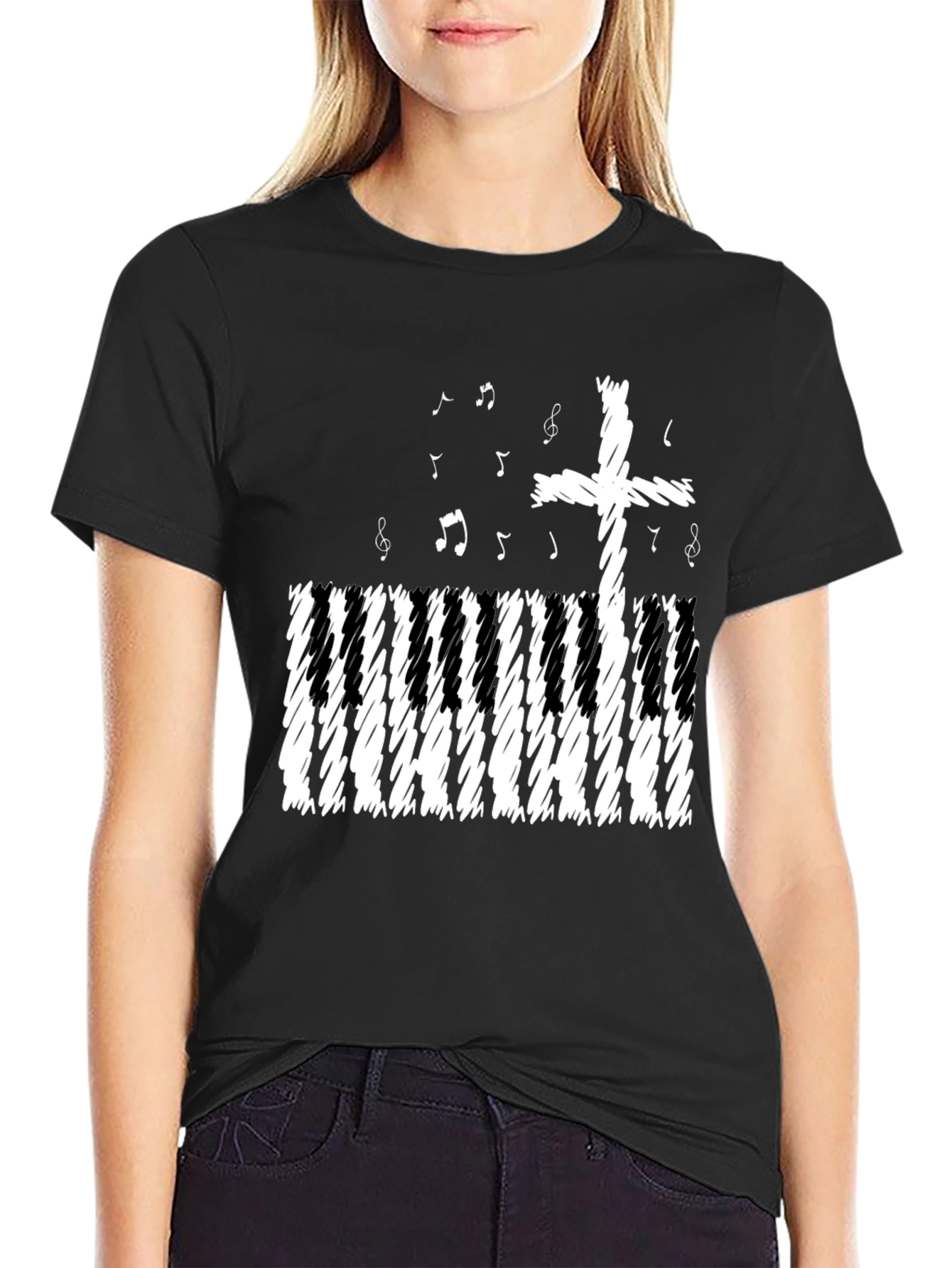 Black Musical Cross T-Shirt - Christian Piano Music Tee view 2