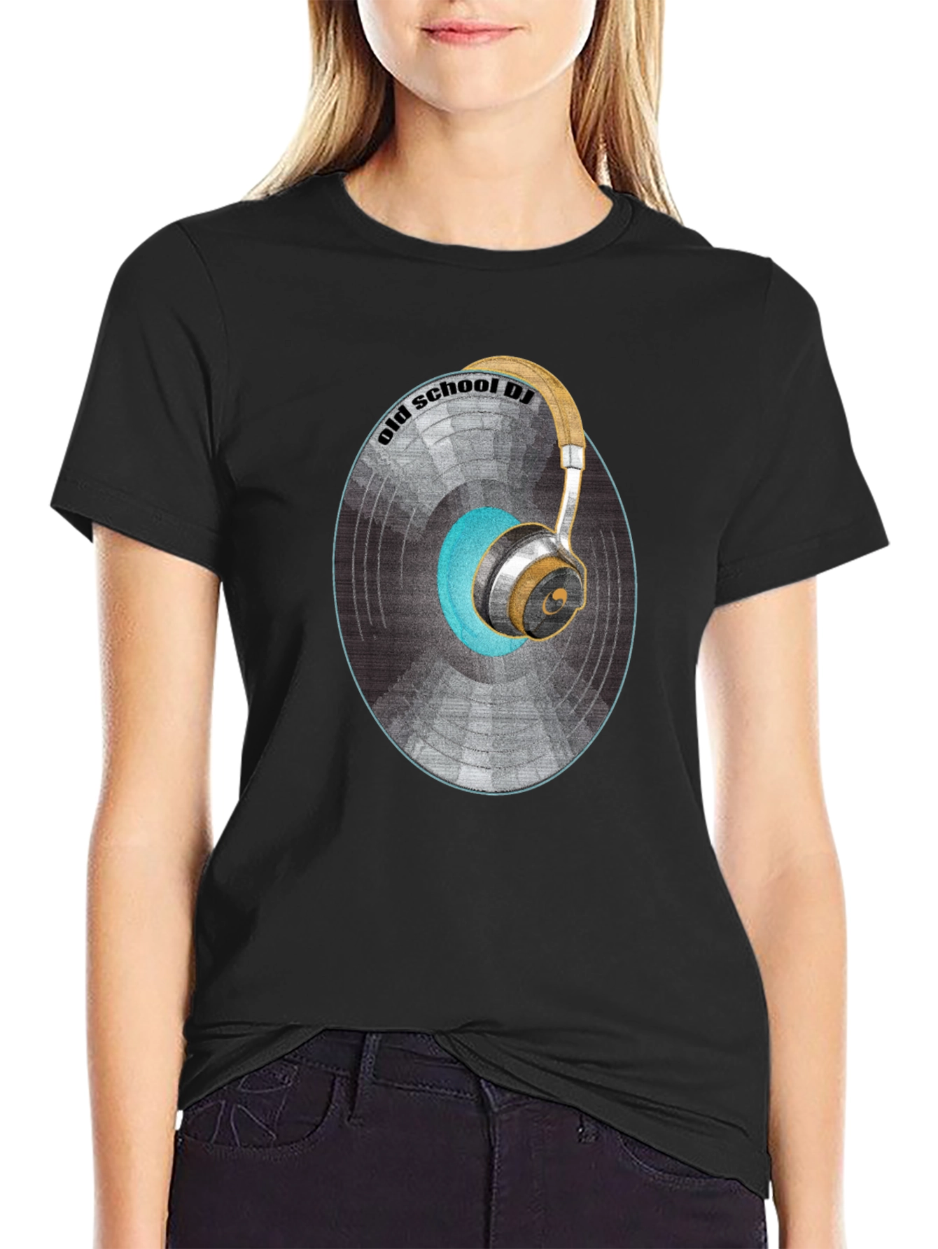 Black Old School DJ Graphic T-Shirt - Vintage Vinyl & Headphones Design view 2