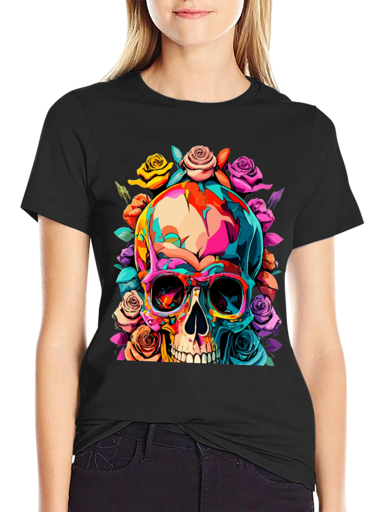 Black Skull & Roses Graphic Tee view 2