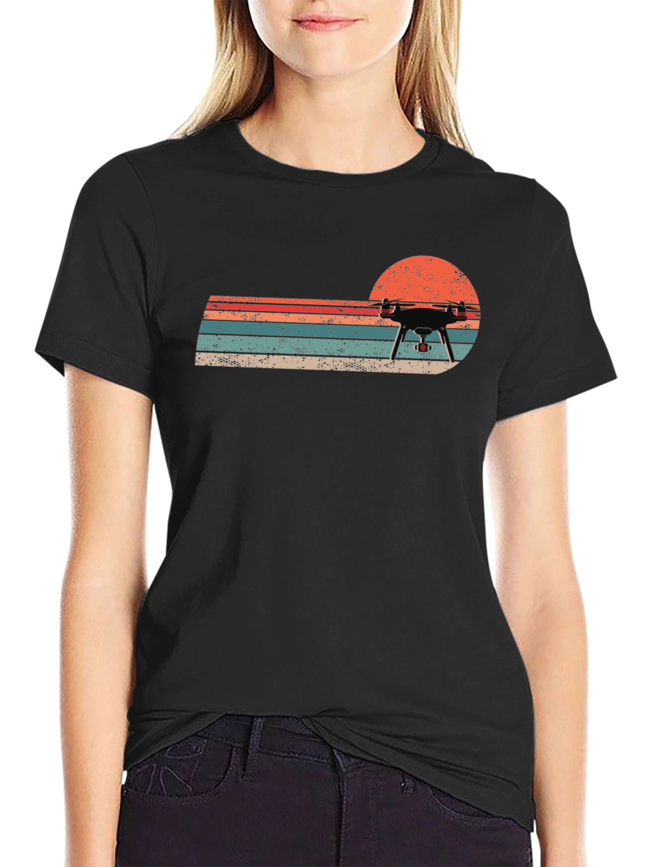 Black Retro Drone Sunset T-Shirt - Cool Graphic Tee view 2