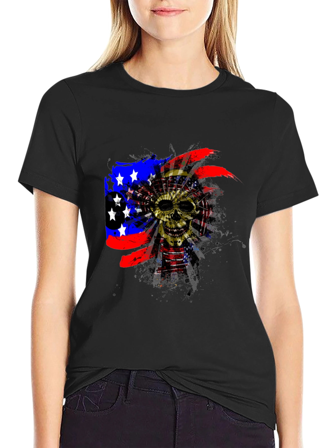 Black Skull American Flag Men's Black T-Shirt view 2
