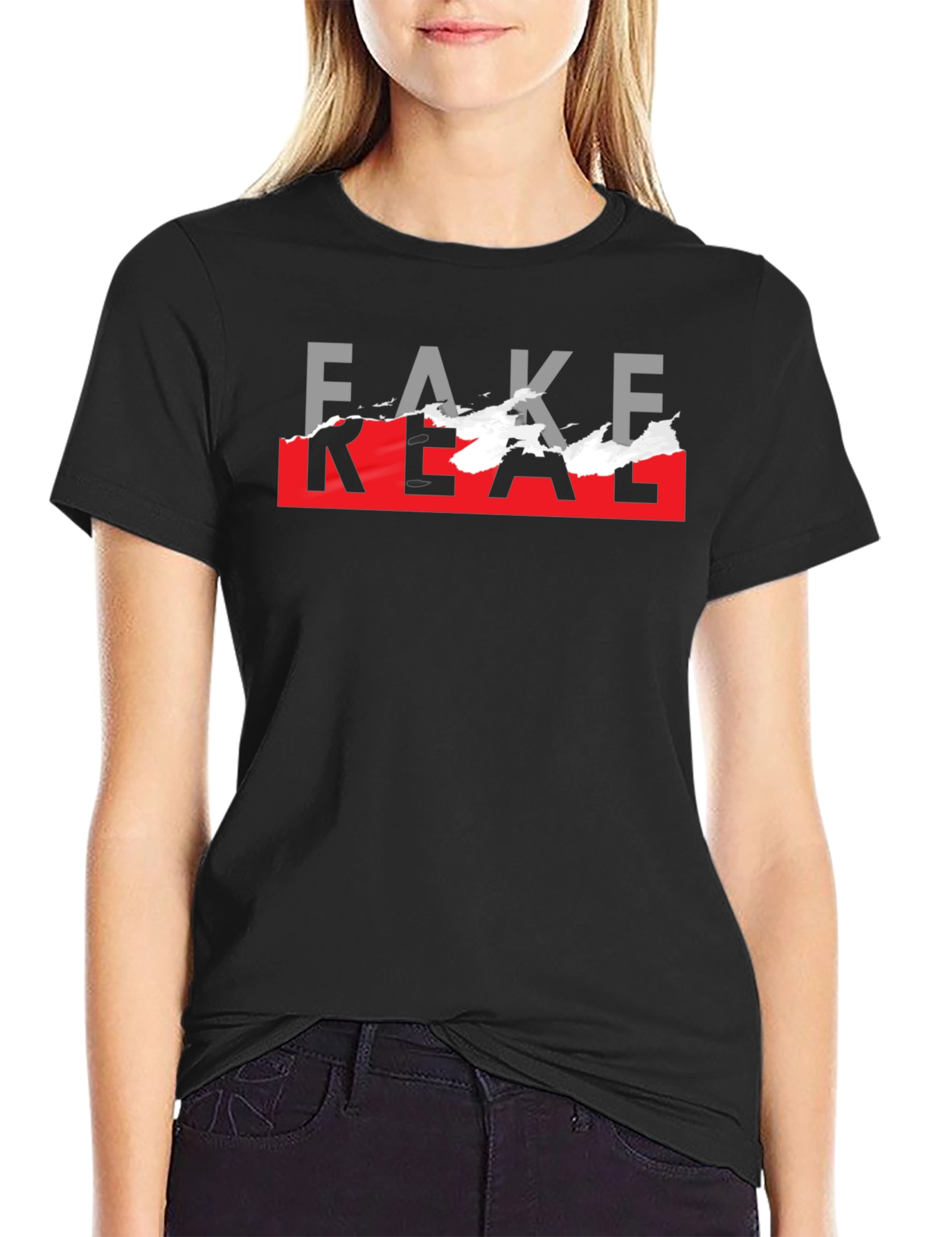 Black Fake Real Graphic T-Shirt - Trendy Streetwear view 2
