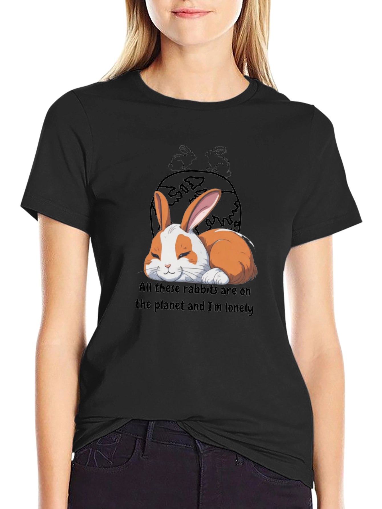 Black Lonely Rabbit Graphic T-Shirt view 2