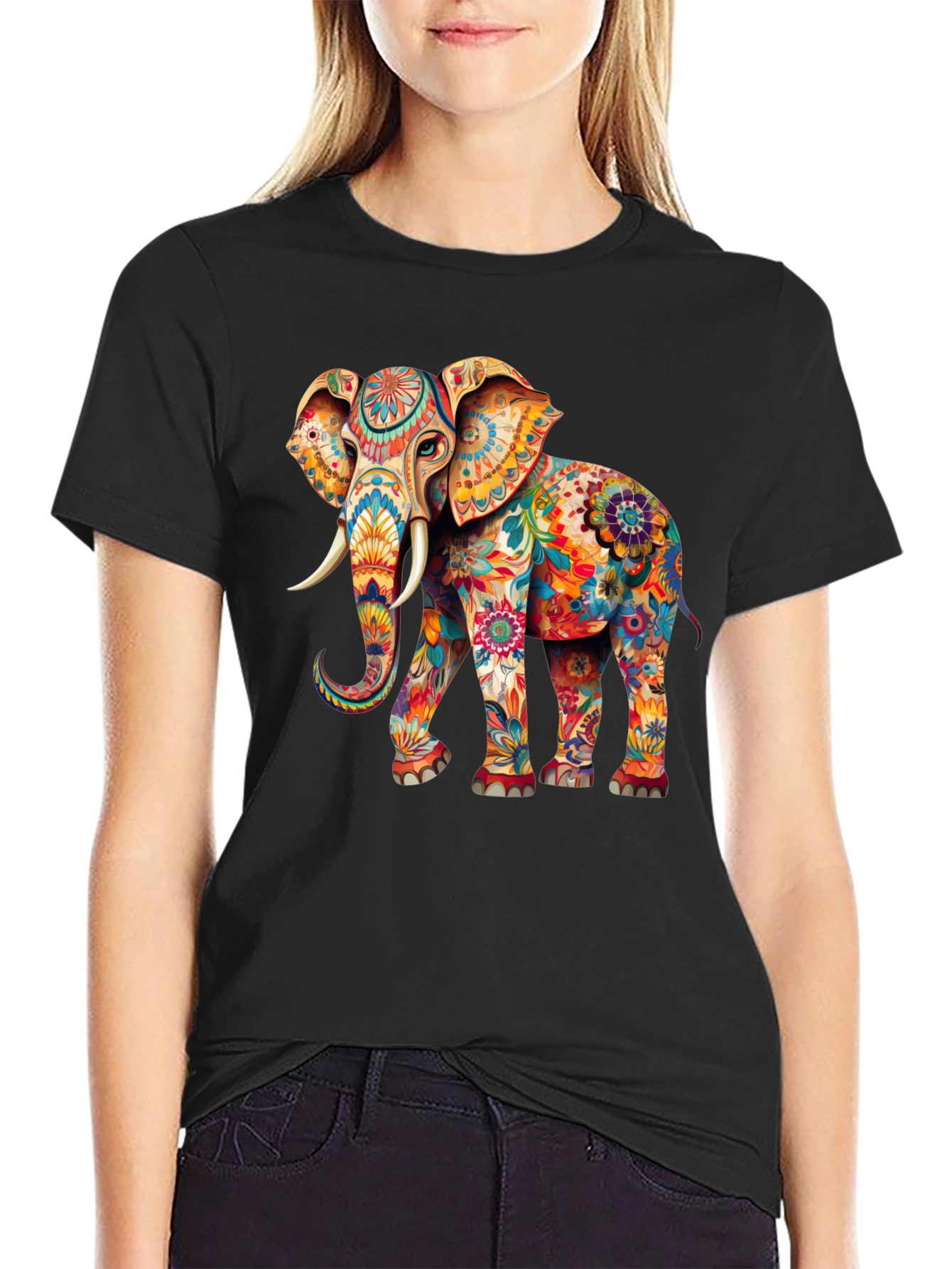 Black Floral Elephant Graphic Tee - Trendy Black T-Shirt view 2