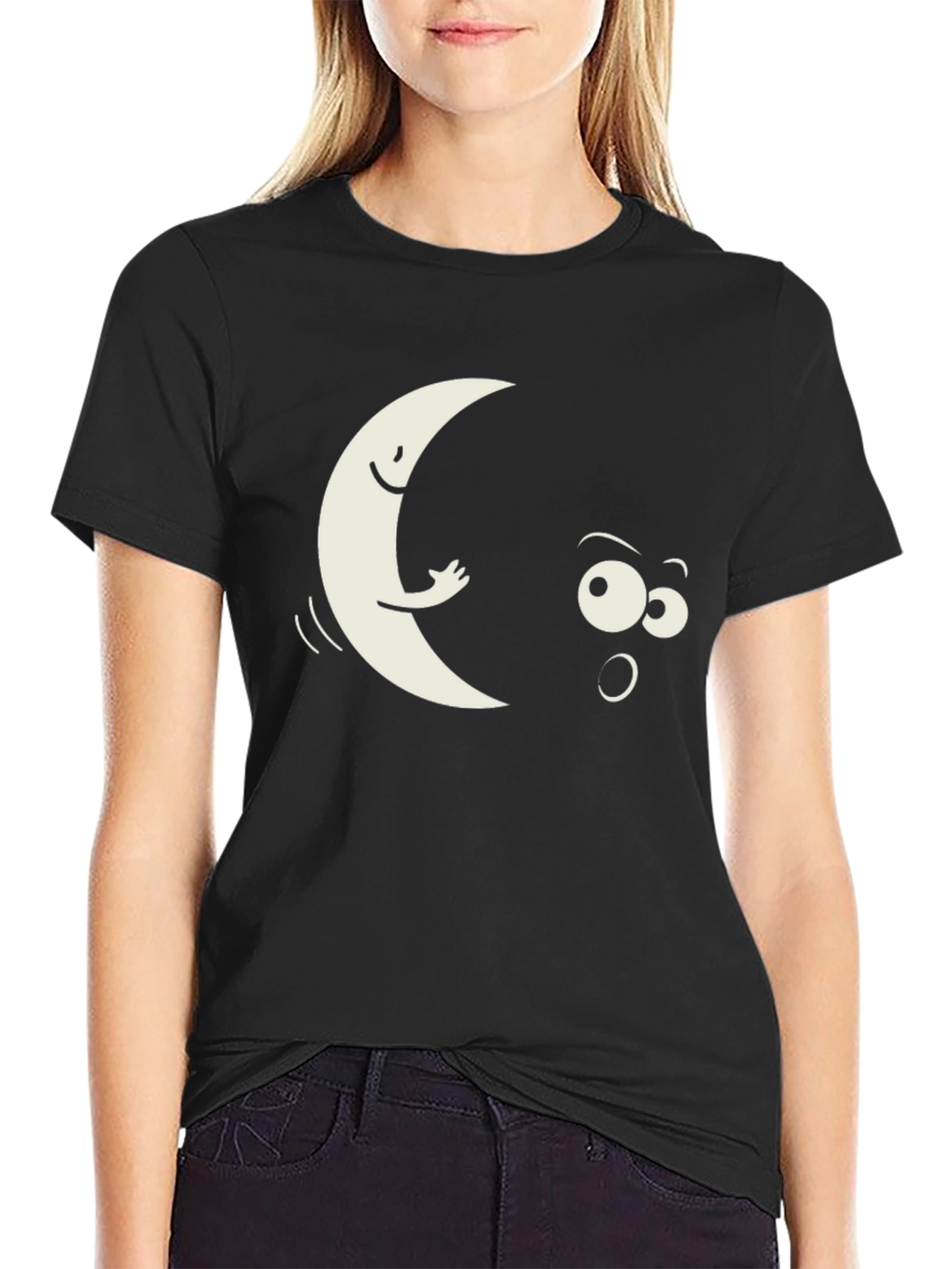 Black Funny Moon Peeking T-Shirt - Black view 2