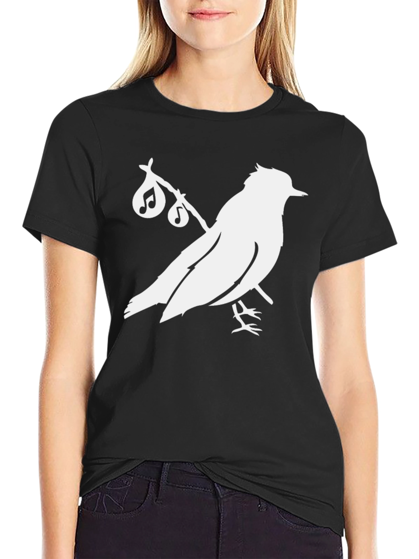 Black Black T-Shirt with Bird and Music Note Graphic view 2