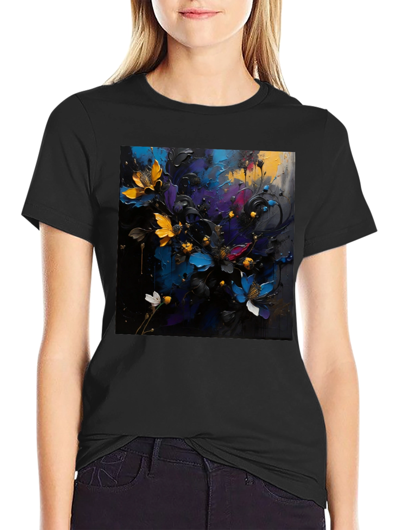 Black Floral Art T-Shirt - Bold Expression view 2