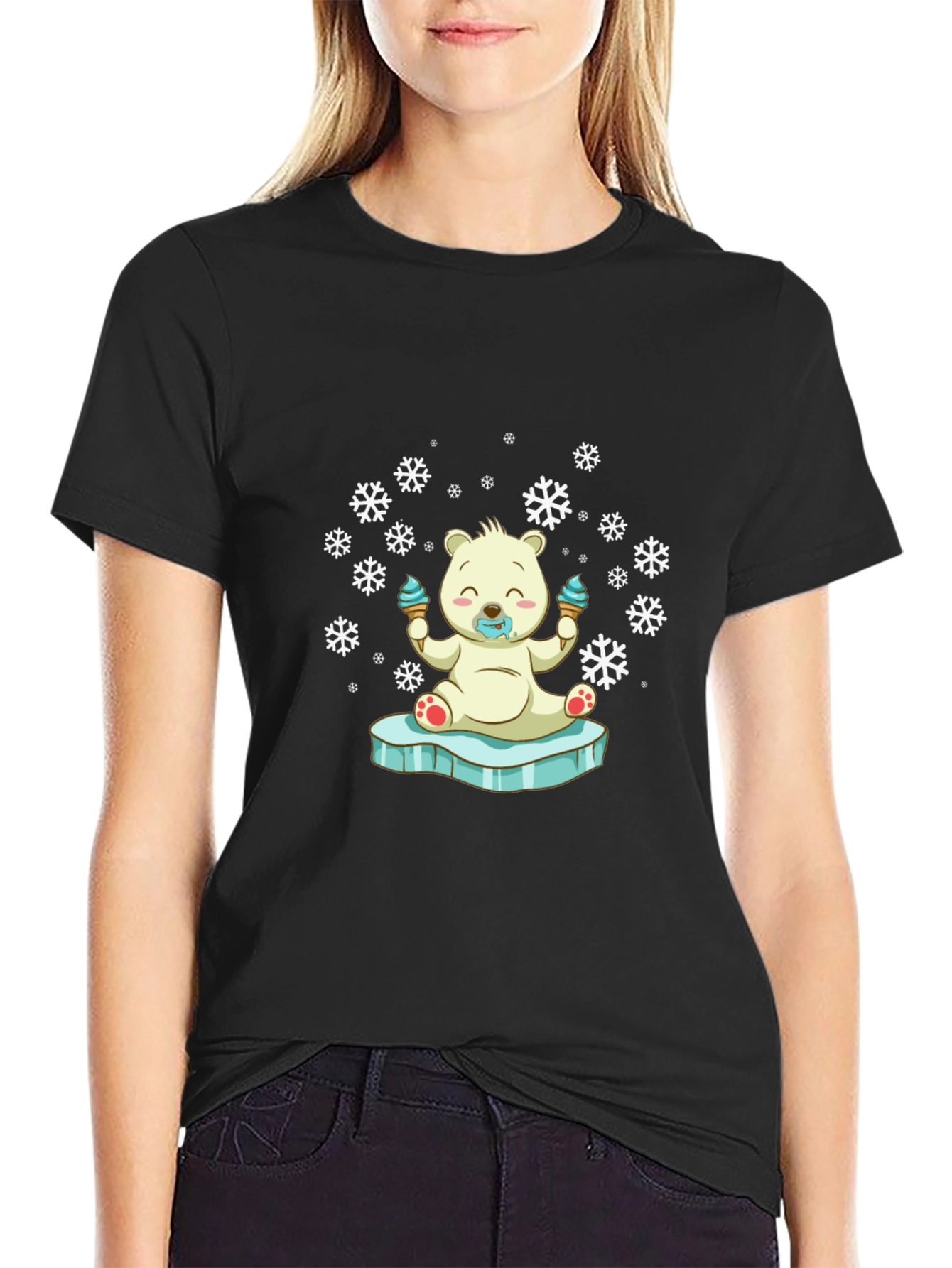 Black Cute Polar Bear Ice Cream T-Shirt view 2