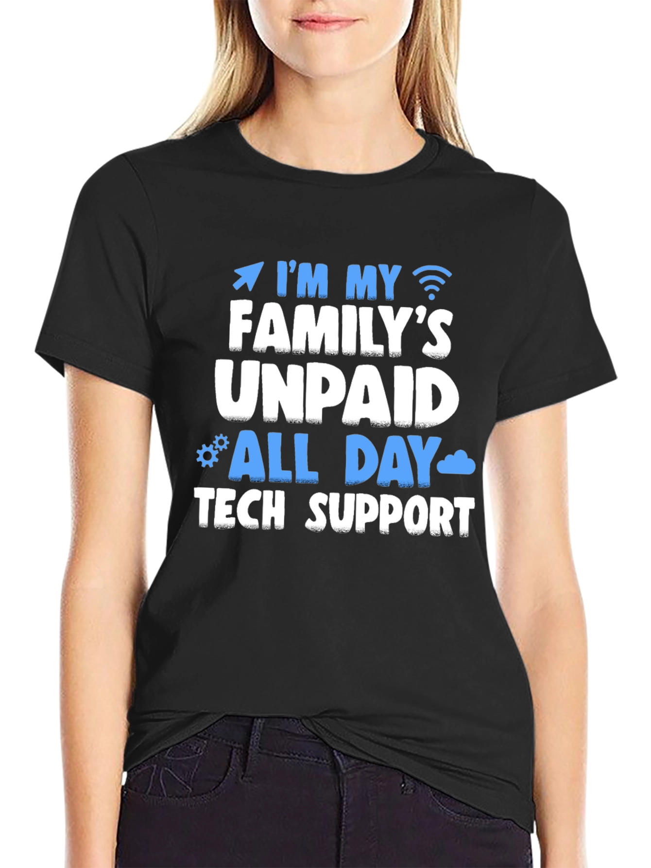 Black Unpaid Family Tech Support T-Shirt - Funny Geek Tee view 2