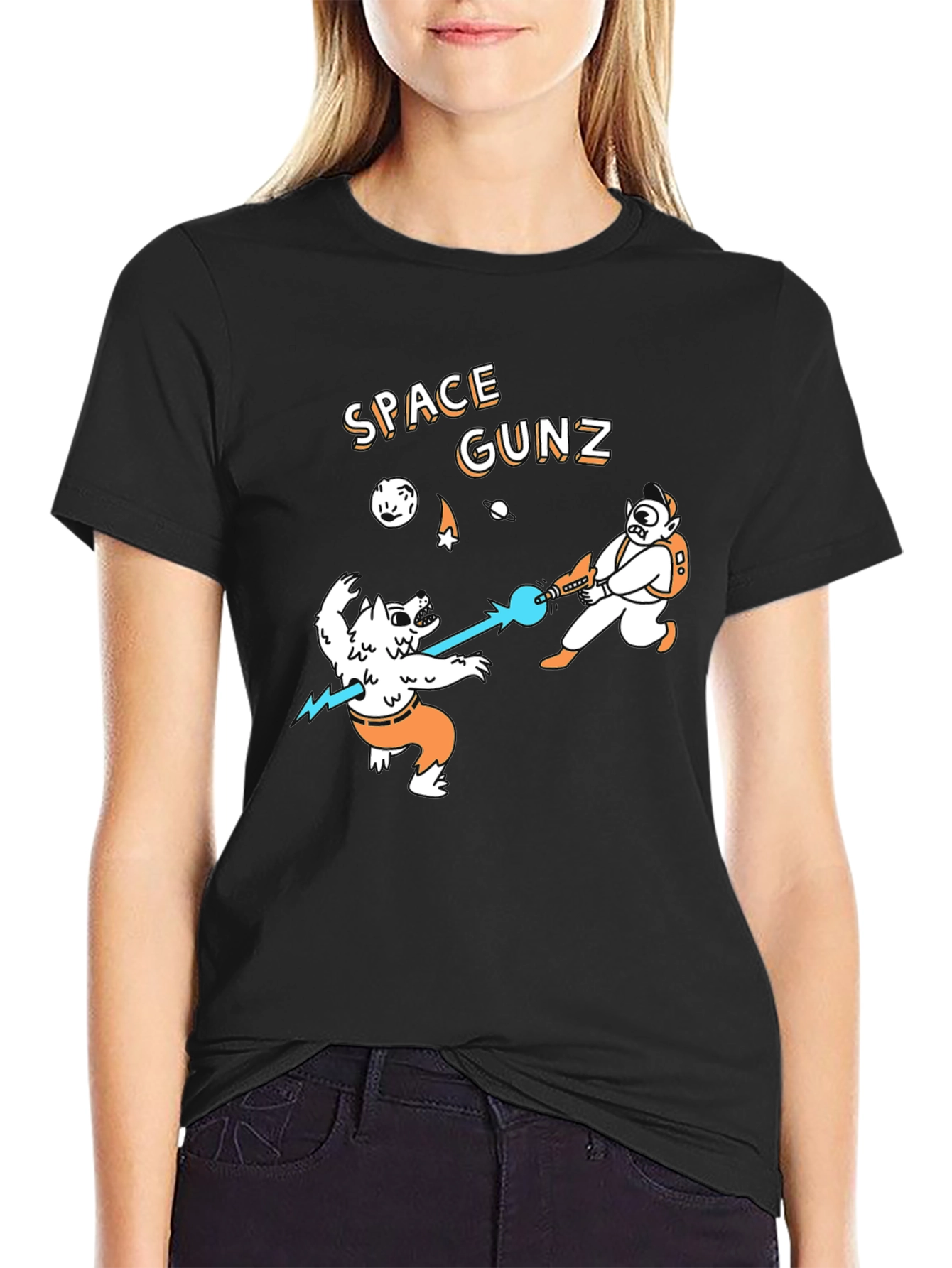 Black Space Gunz Black T-Shirt Sci-Fi Funny Tee view 2