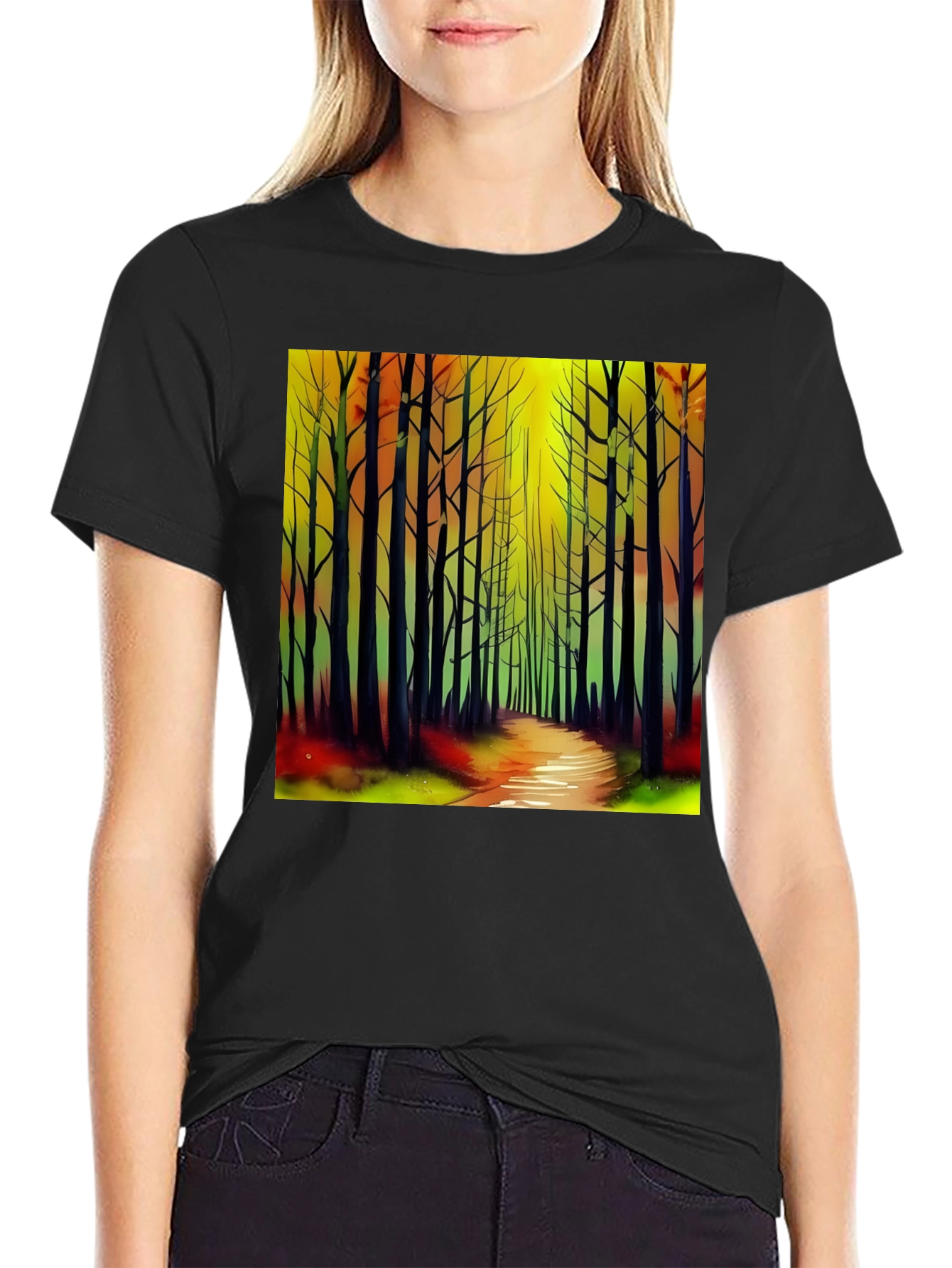 Black Abstract Forest Print Black T-Shirt view 2