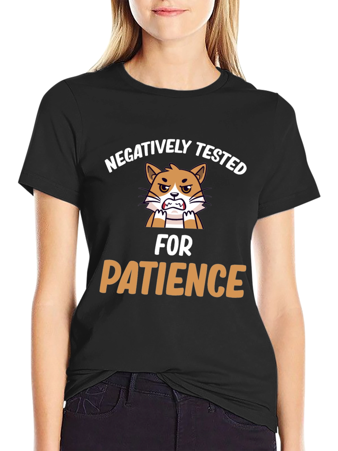 Black Funny "Negatively Tested for Patience" Cat Graphic T-Shirt view 2