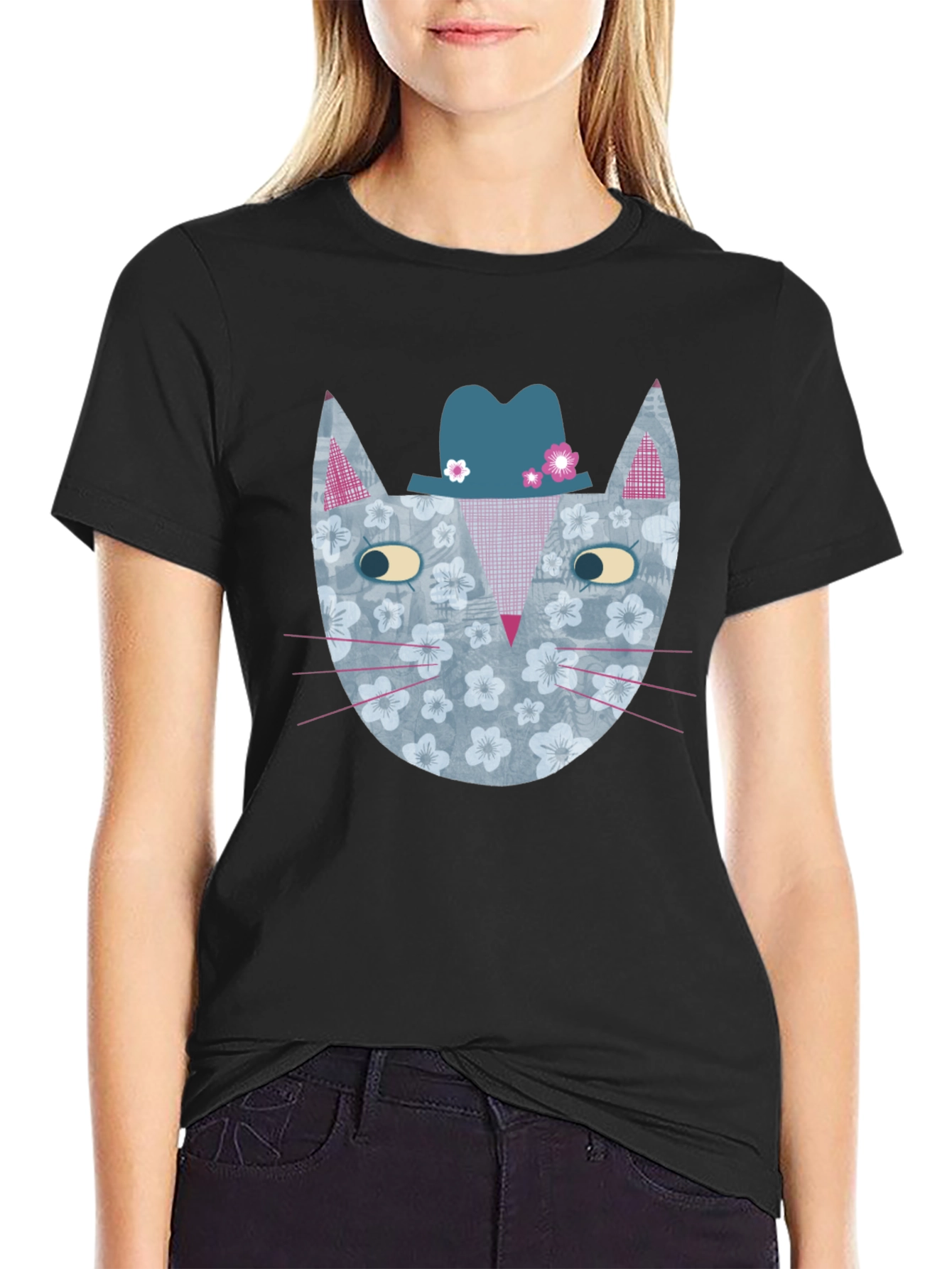 Black Floral Cat with Hat Men's Graphic Tee view 2