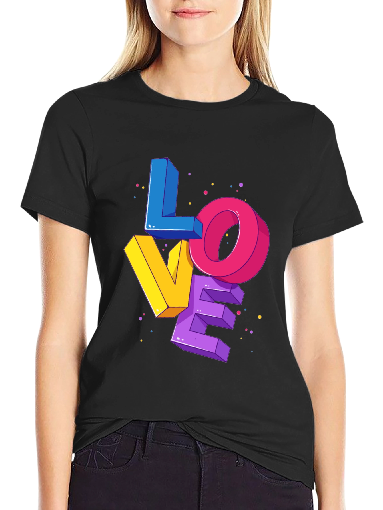 Black Colorful 3D Love Graphic Print Black T-Shirt view 2