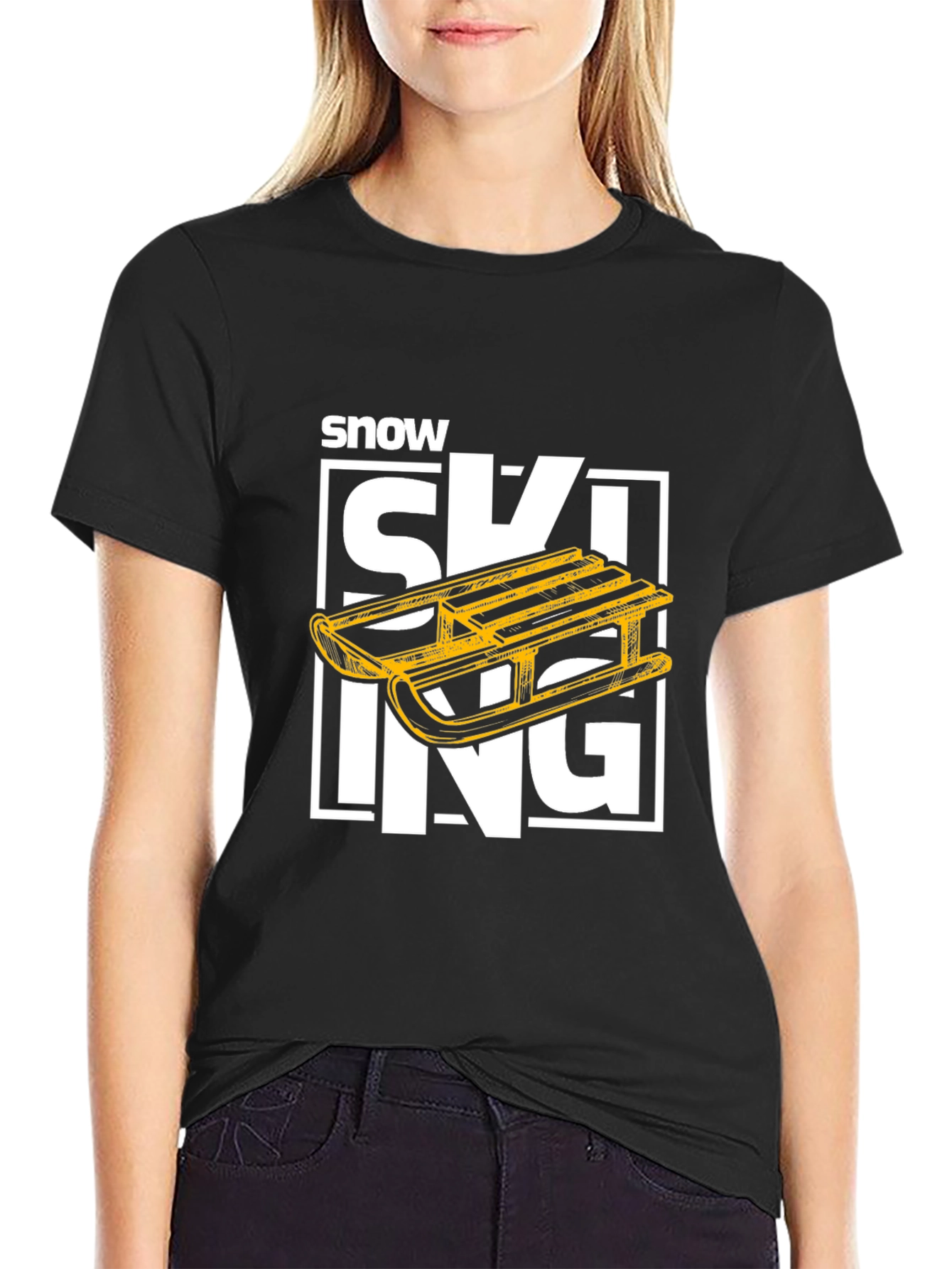 Black Snow Skiing Sled Graphic Tee - Winter Sport T-Shirt view 2