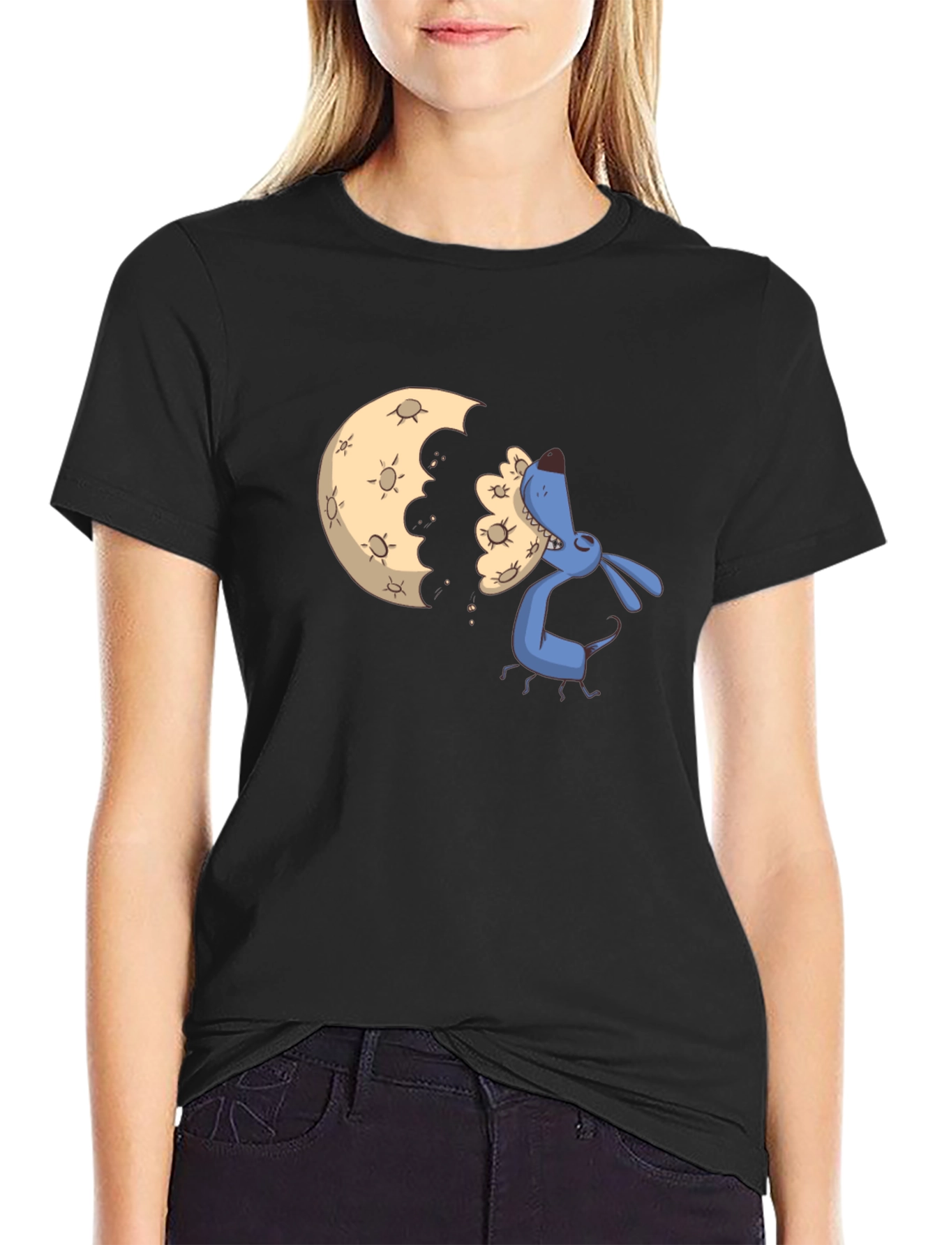 Black Cartoon Moon Eating Dog Black T-Shirt view 2