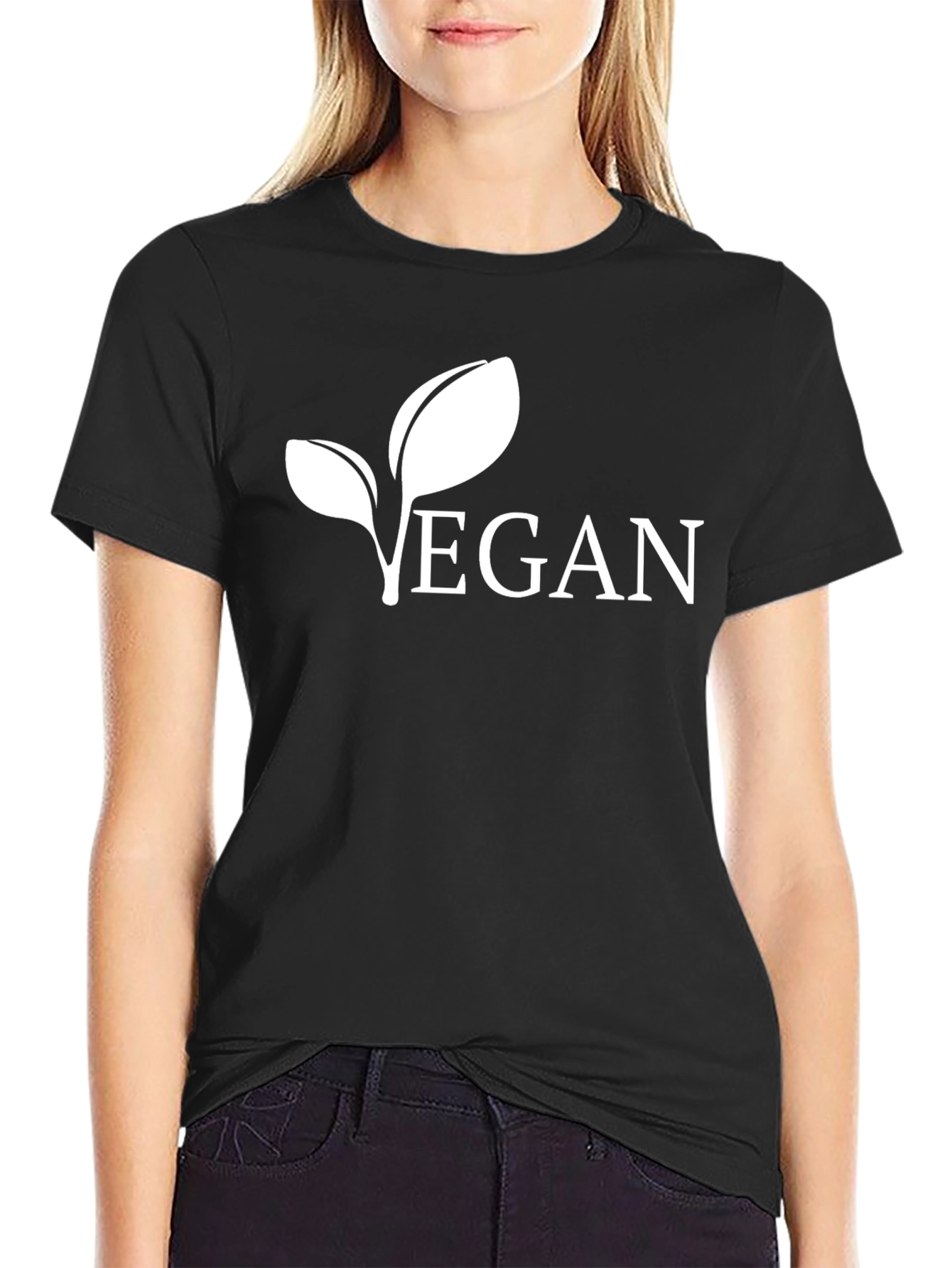 Black Vegan Leaf Graphic Tee - Black Cotton view 2