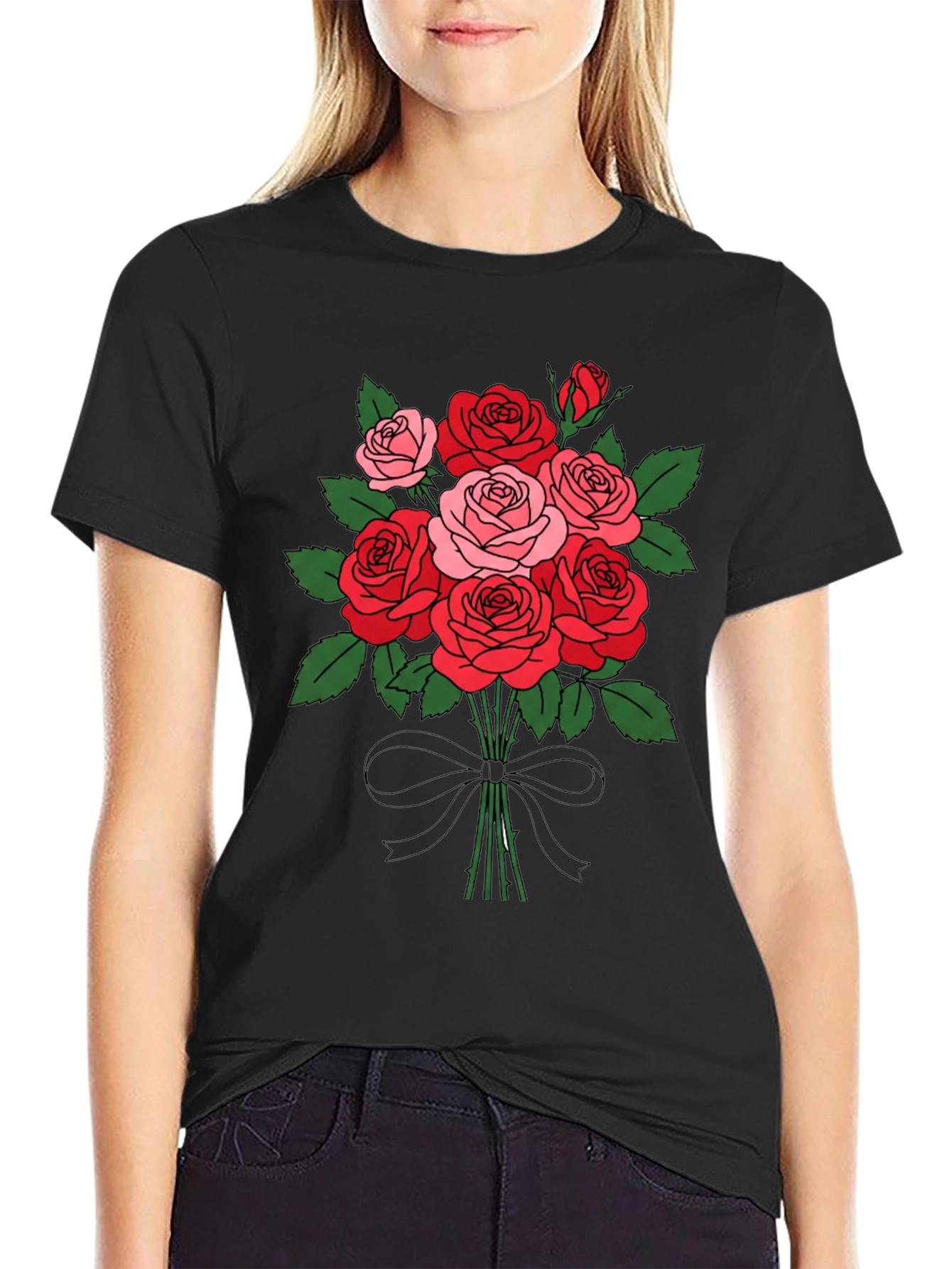 Black Floral Bouquet T-Shirt: Roses and Bow view 2