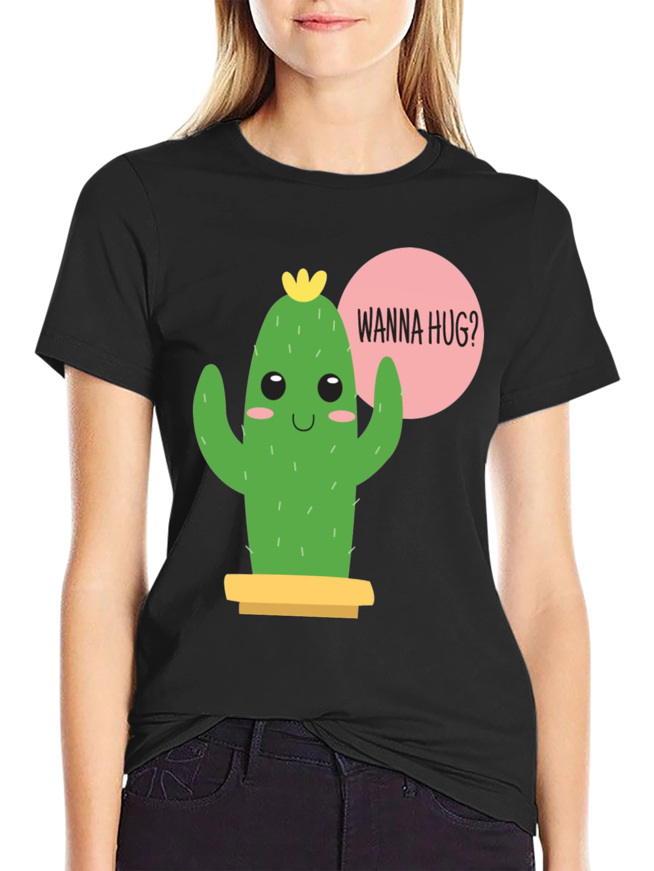Black Cute Cactus Graphic Tee - Wanna Hug? view 2