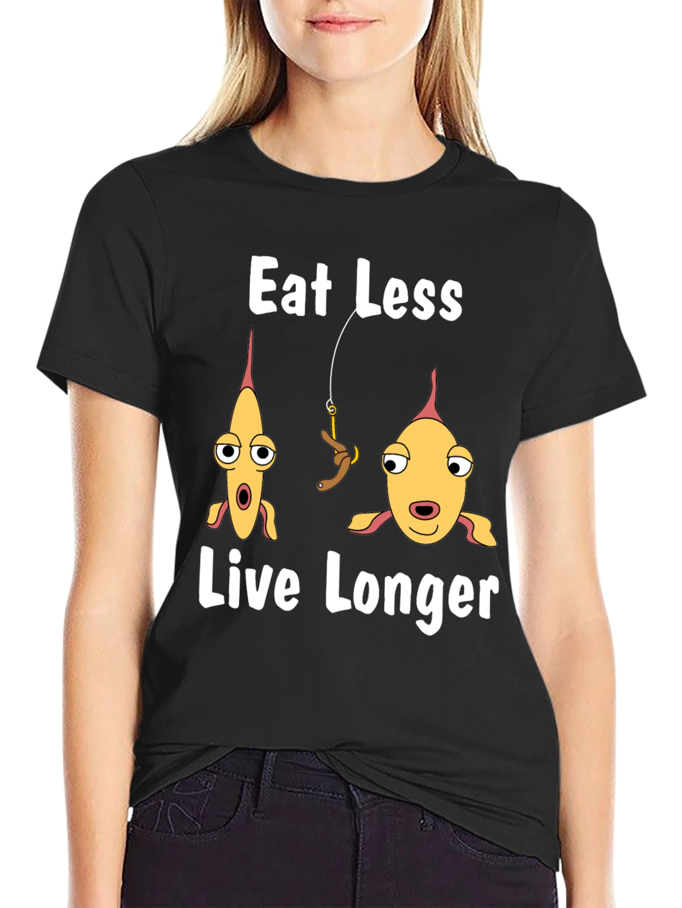 Black Eat Less Live Longer Funny Fish Graphic T-Shirt view 2