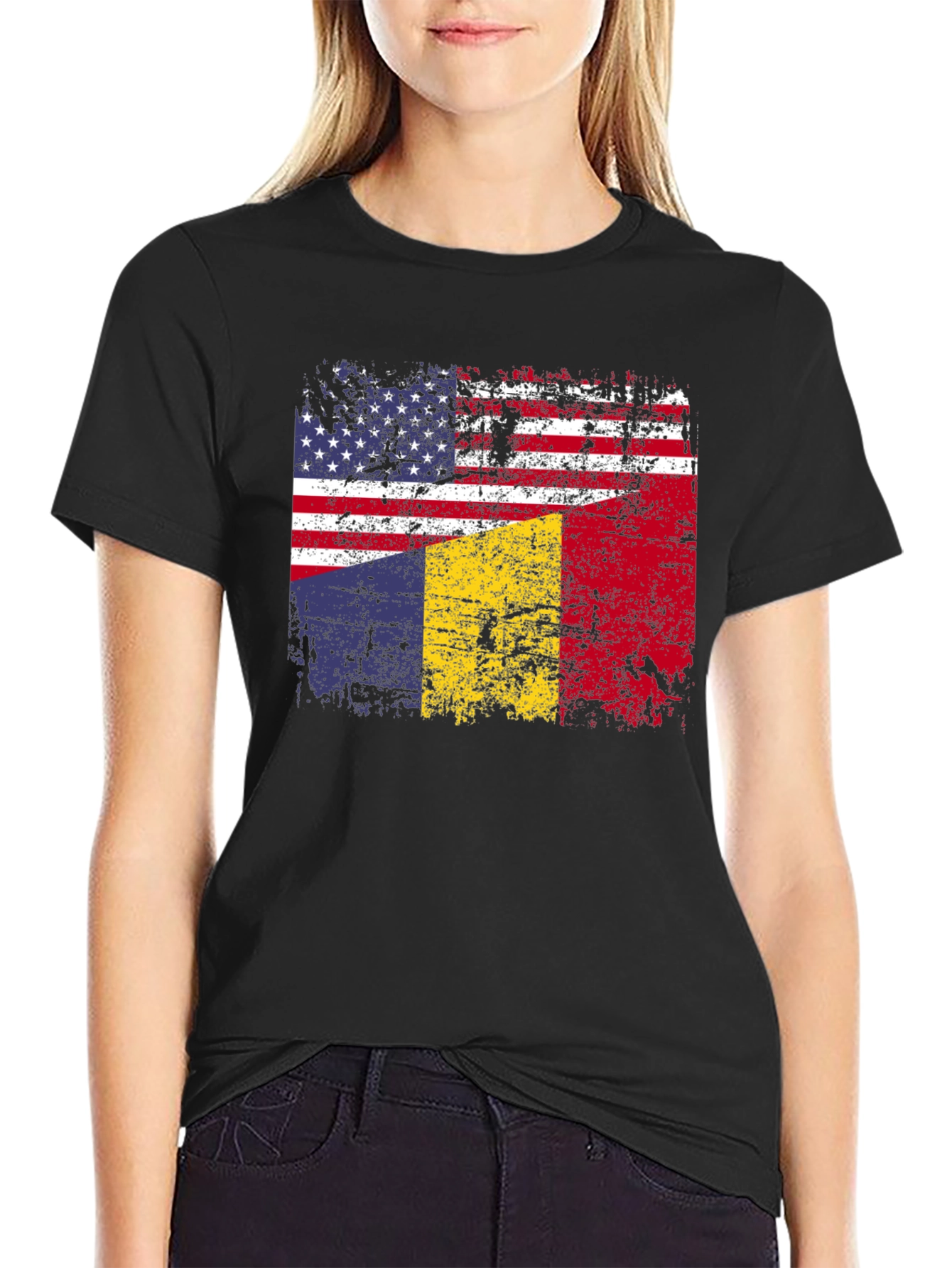 Black USA & Romania Flag T-Shirt view 2