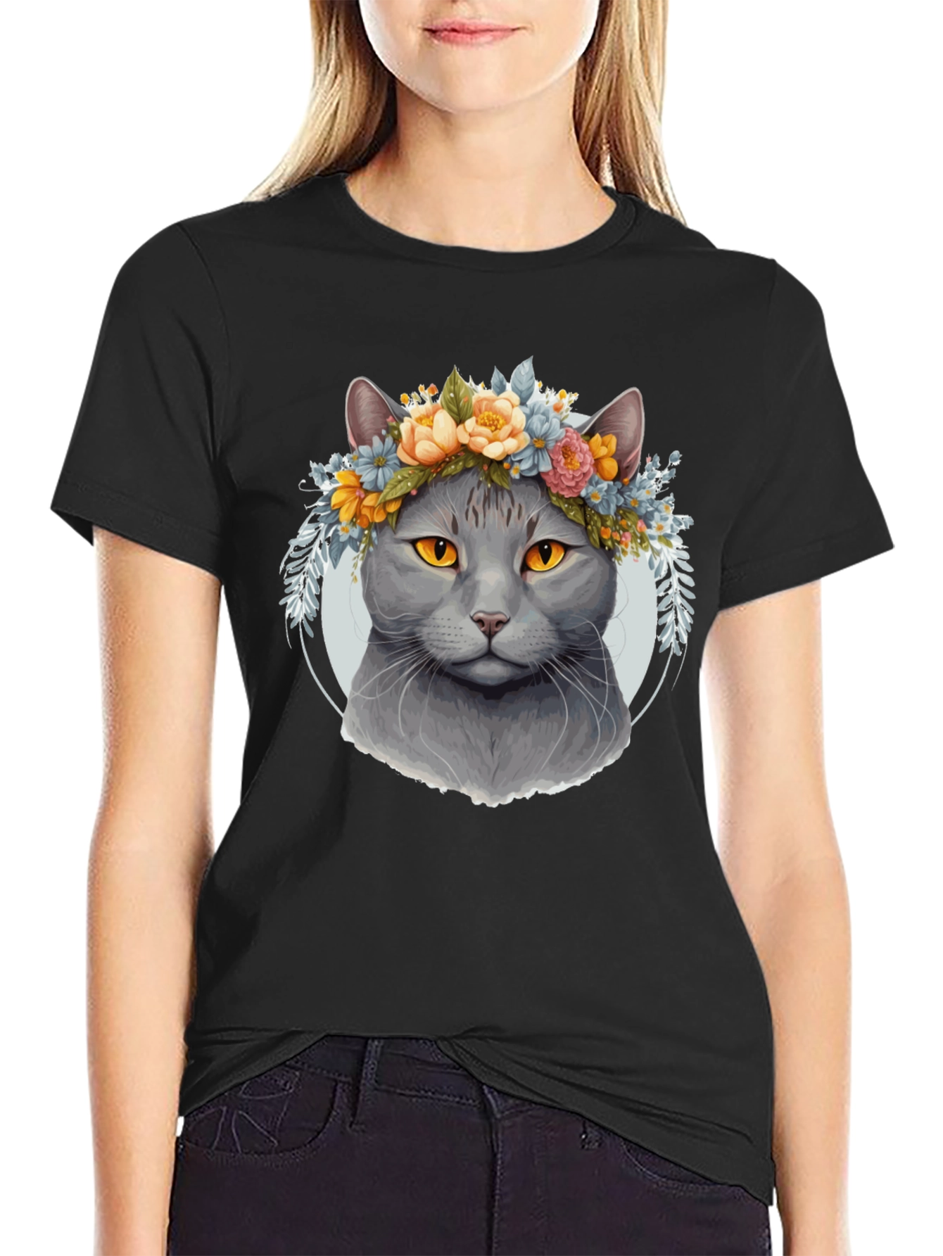 Black Cat Flower Crown Graphic Tee - Unique Style view 2