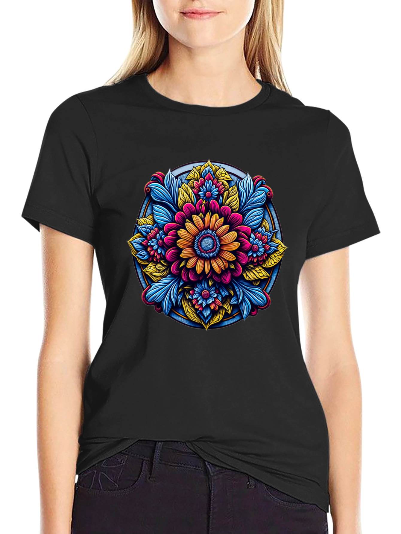 Black Floral Mandala Graphic Black T-Shirt view 2