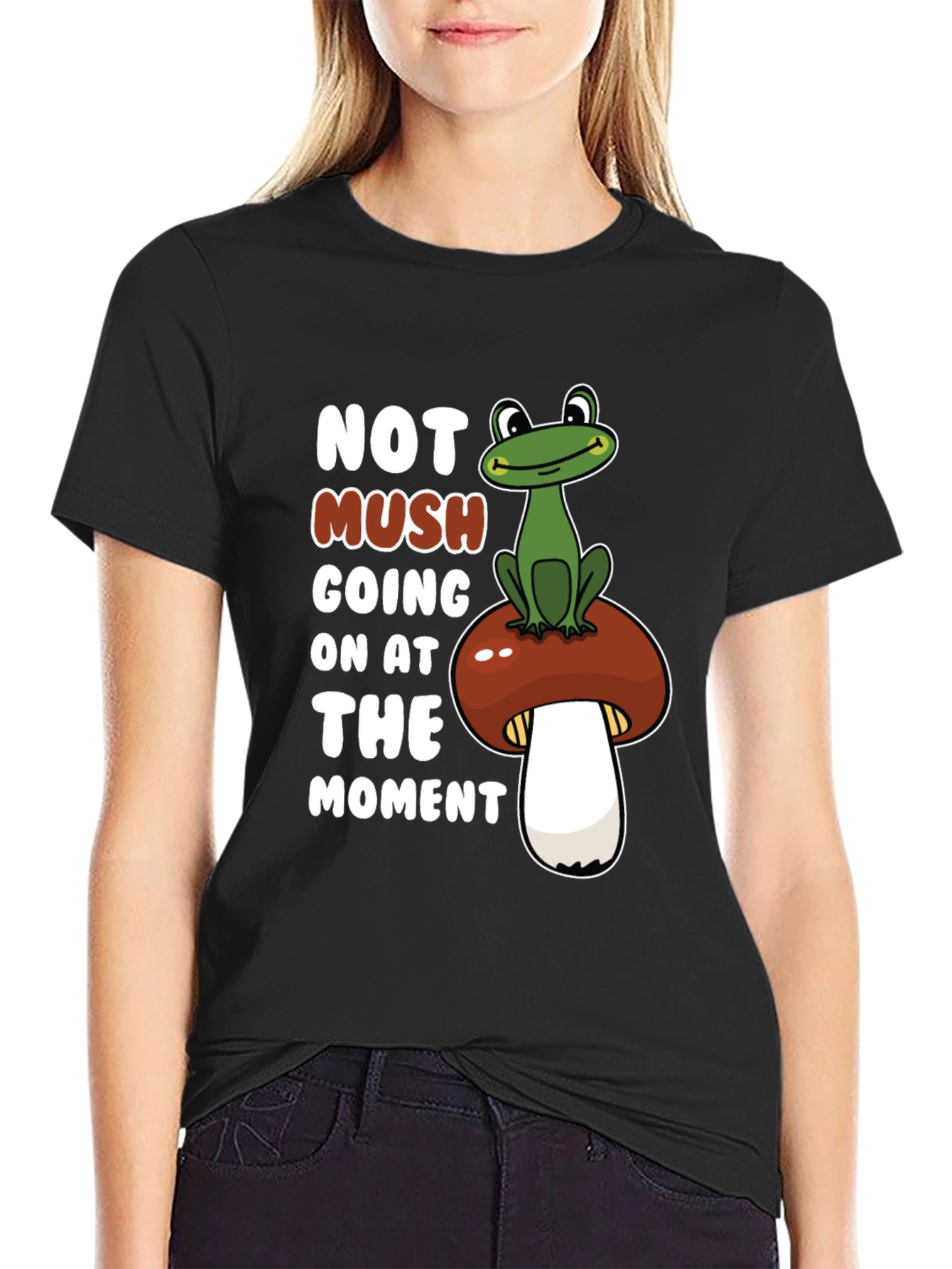 Black Funny Frog on Mushroom Graphic Tee view 2