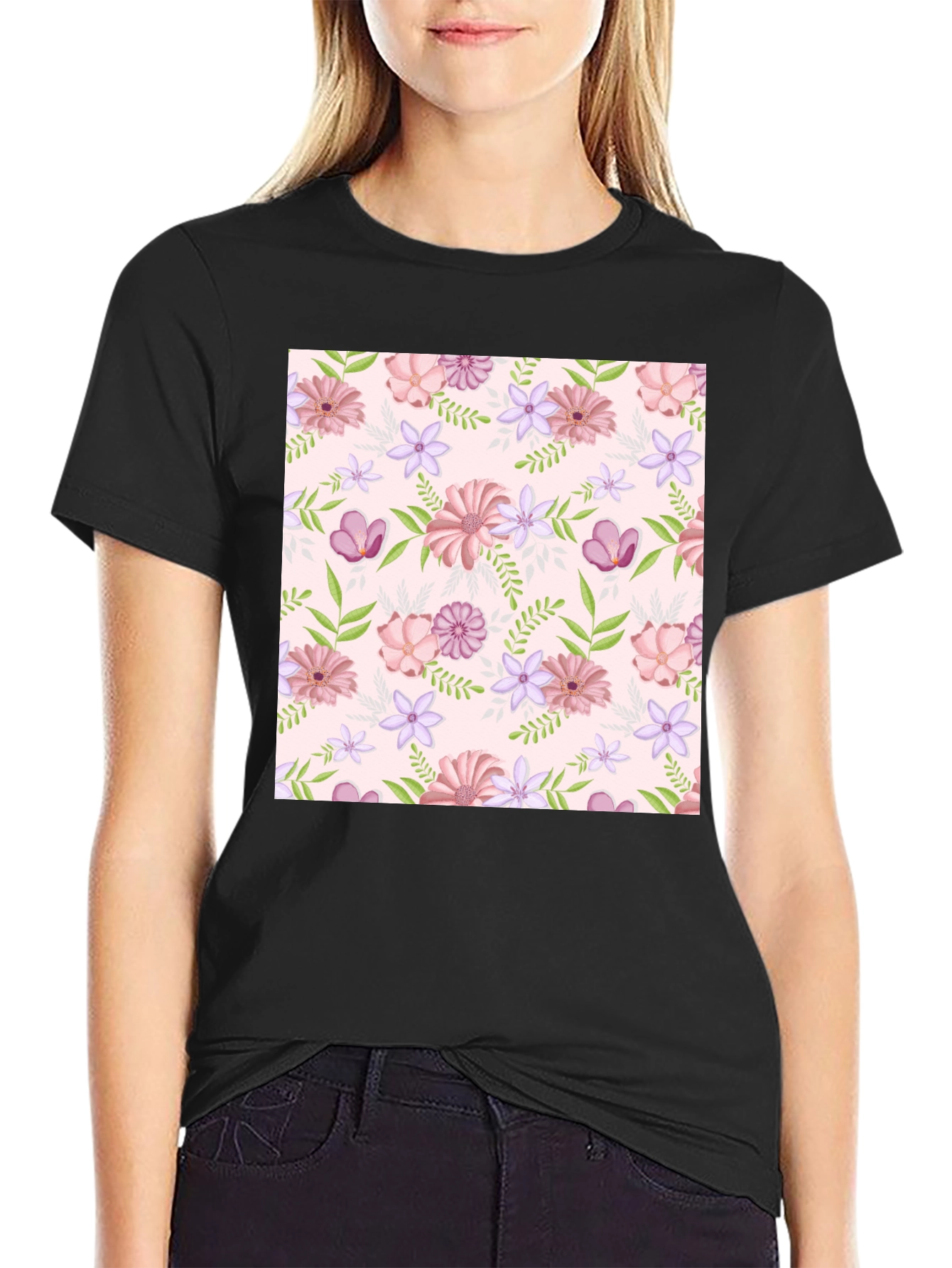 Black Floral Pattern T-Shirt - Black Casual Tee view 2