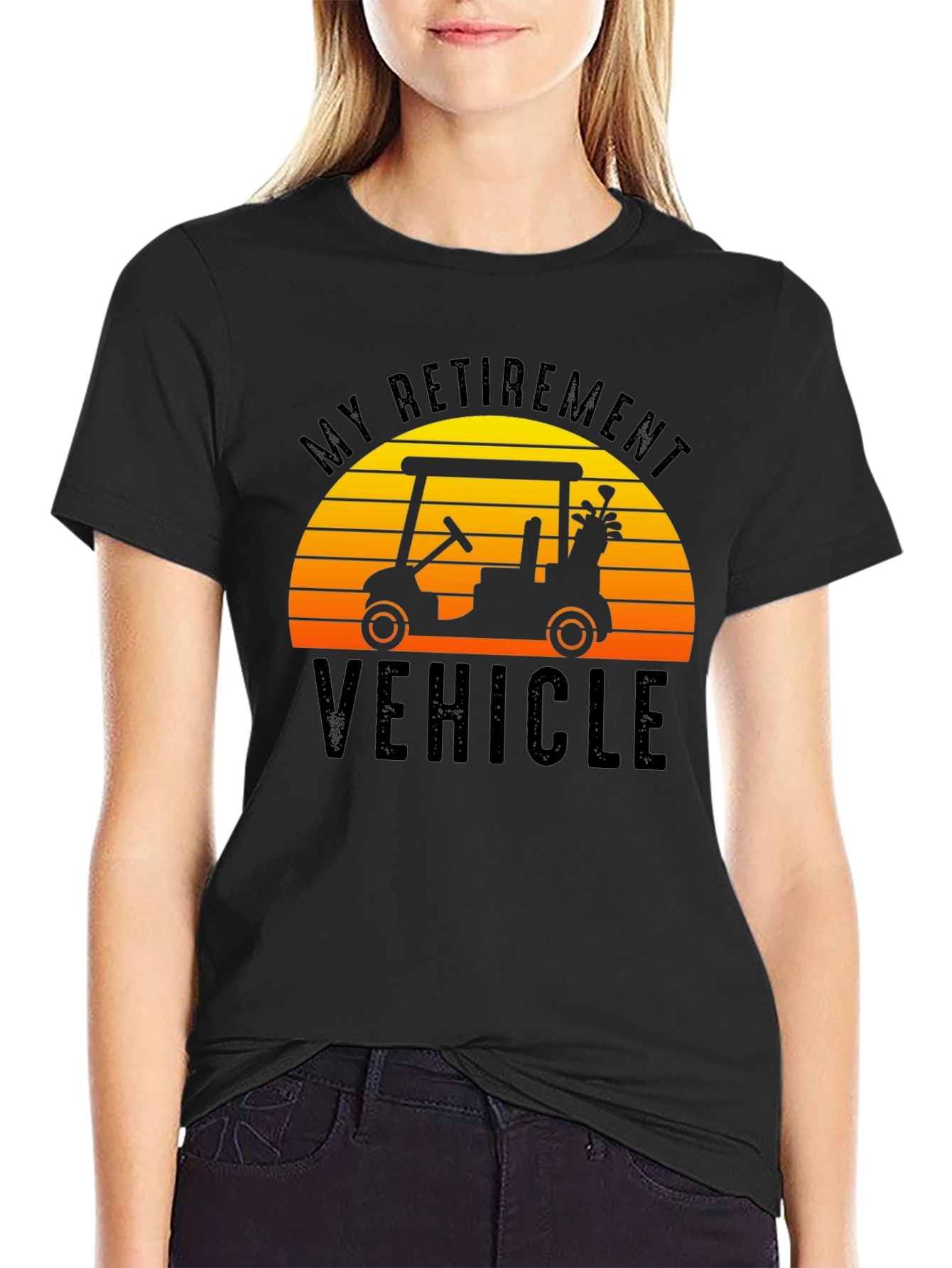 Black My Retirement Vehicle T-Shirt Golf Cart Sunset Tee view 2