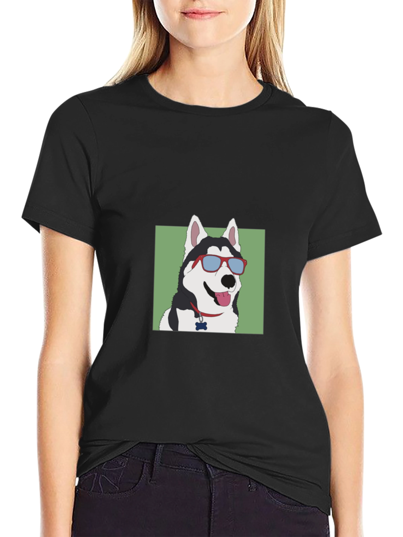 Black Cool Dog T-Shirt - Husky with Sunglasses view 2