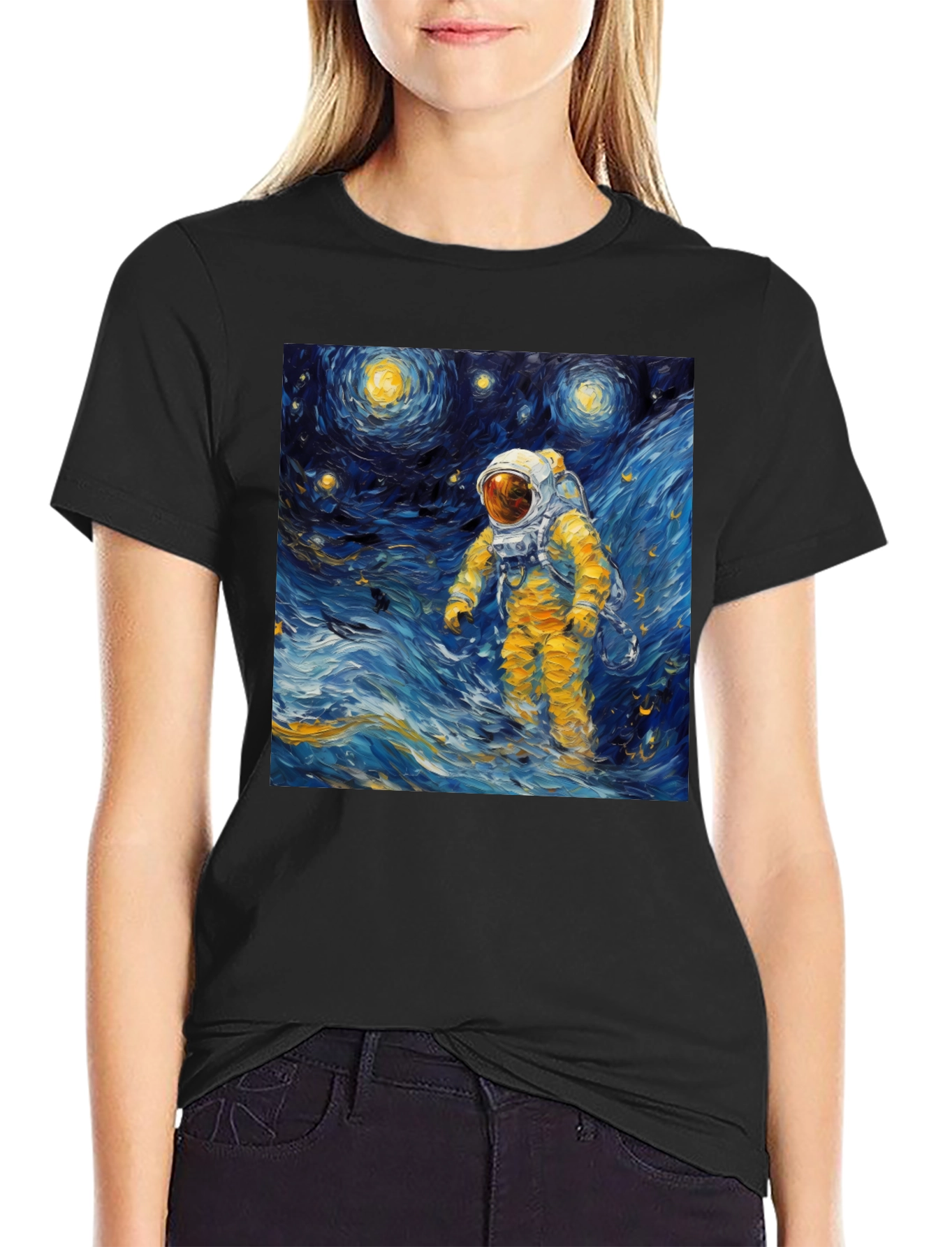 Black Starry Night Astronaut Graphic Tee view 2