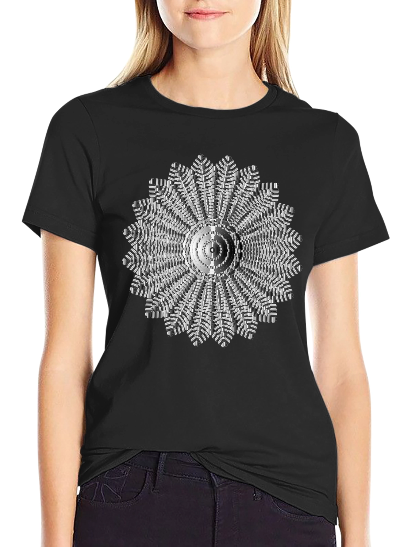 Black Abstract Radial Design Black T-Shirt view 2