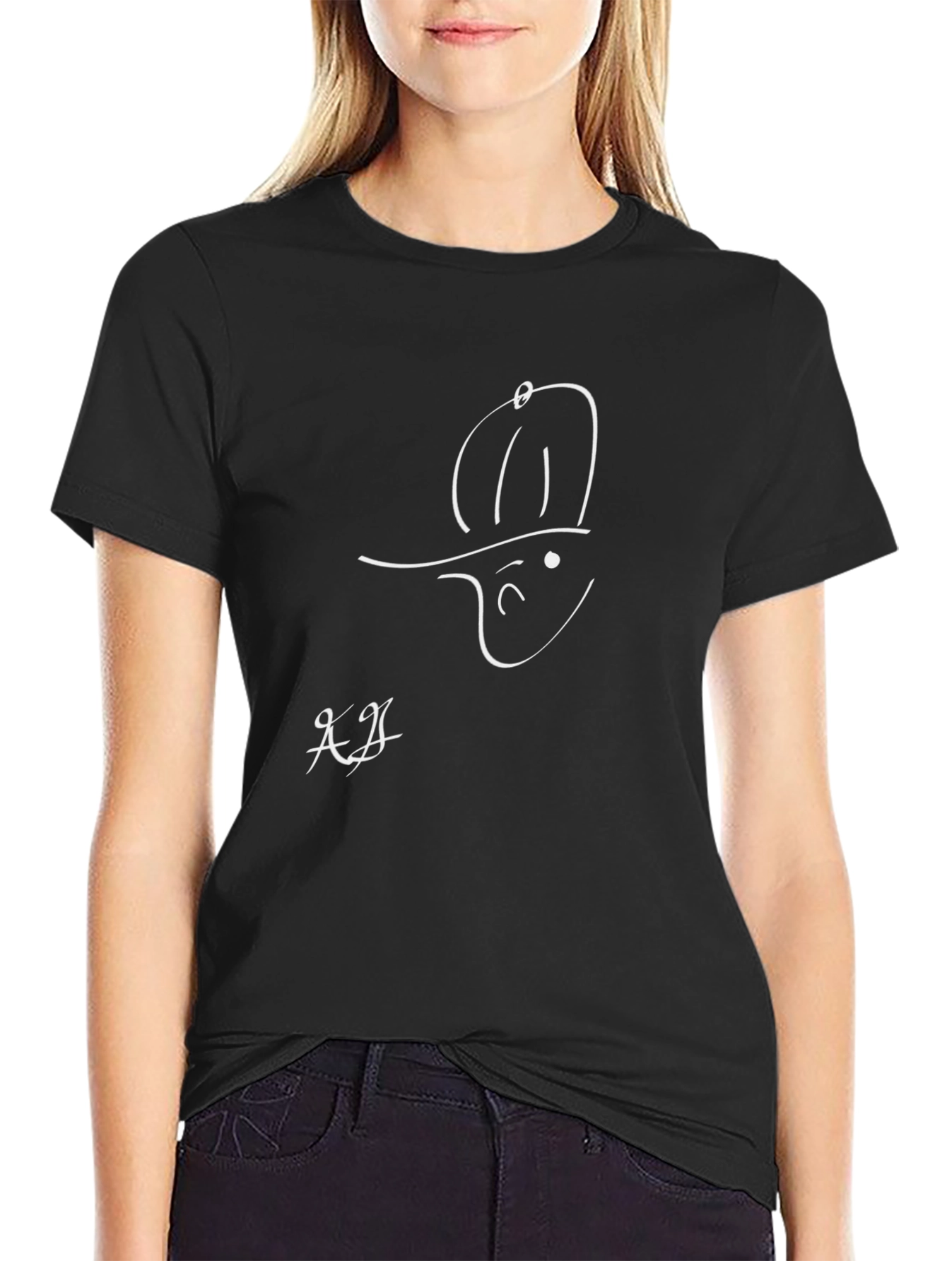 Black Minimalist Cartoon T-Shirt - Classic Black Cotton Tee view 2