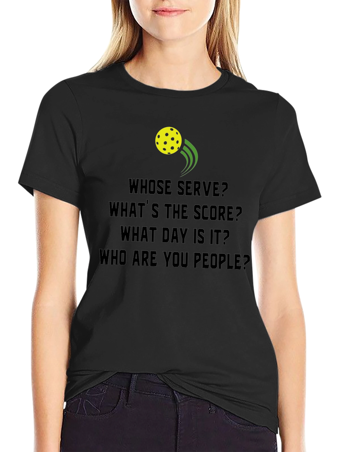 Black Pickleball T-Shirt: Whose Serve? Funny Player Tee view 2