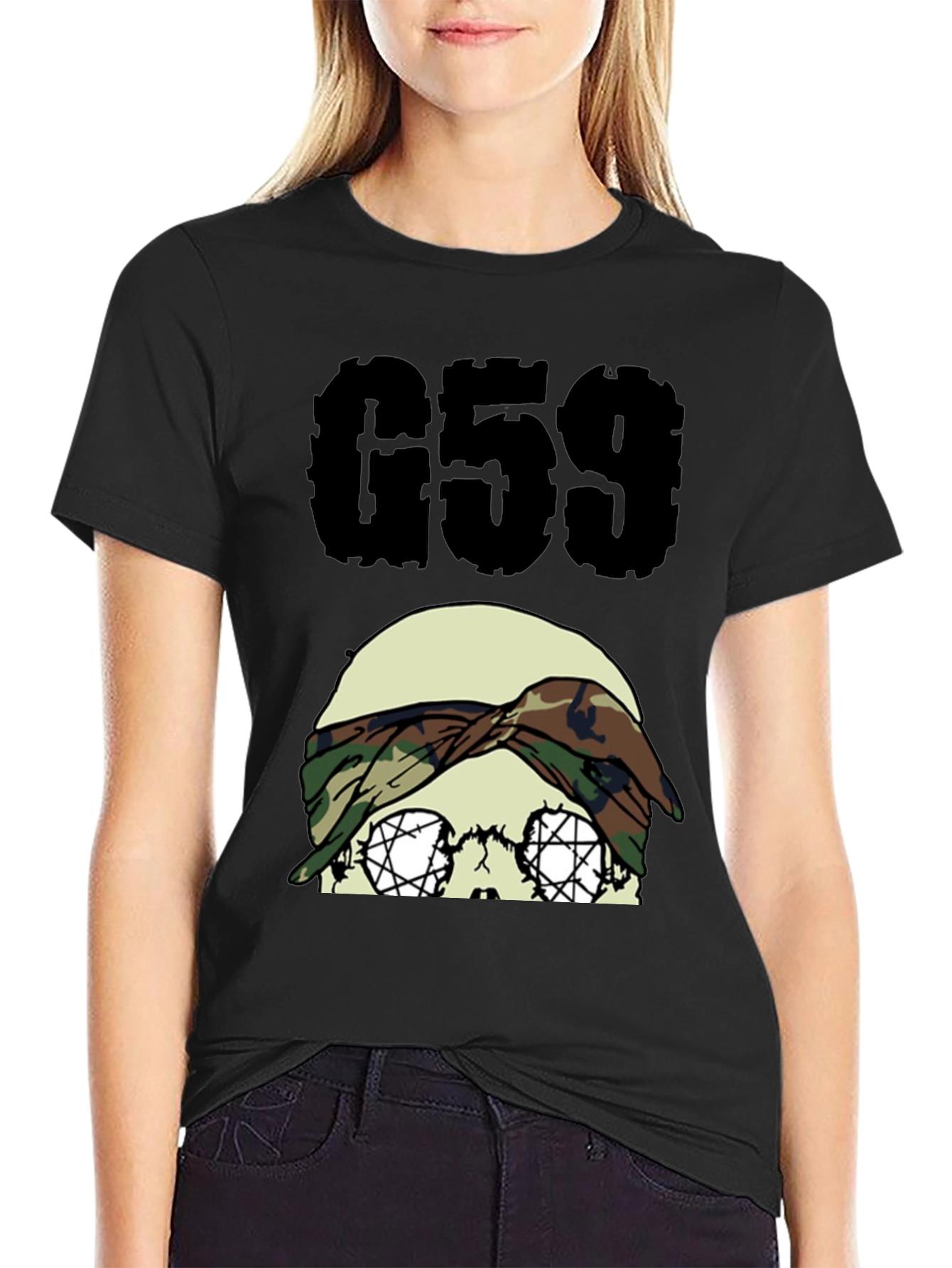 G59 Skull Camo Headband Black Graphic Tee - 2