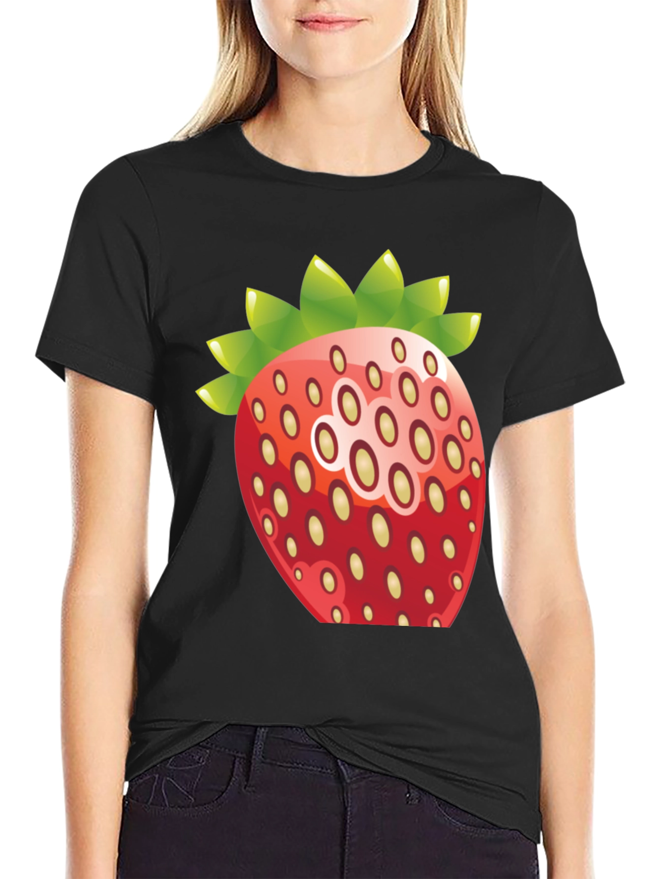 Black Strawberry Graphic Print Crew Neck T-Shirt view 2