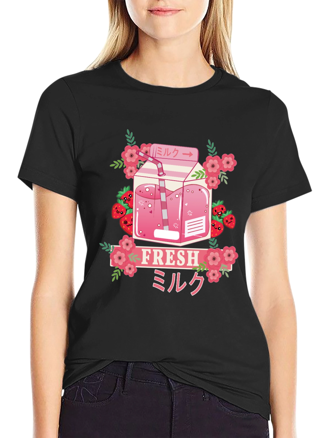 Black Strawberry Milk T-Shirt - Fresh Kawaii Design view 2