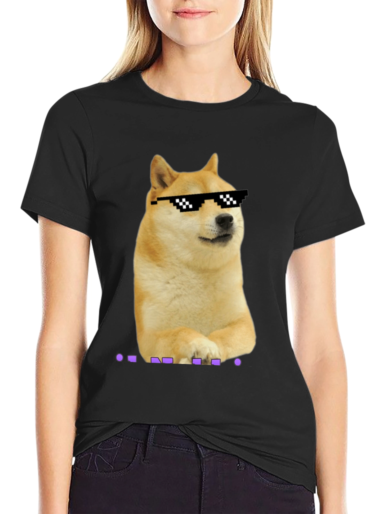 Black Doge Meme Pixel Sunglasses T-Shirt - Black view 2