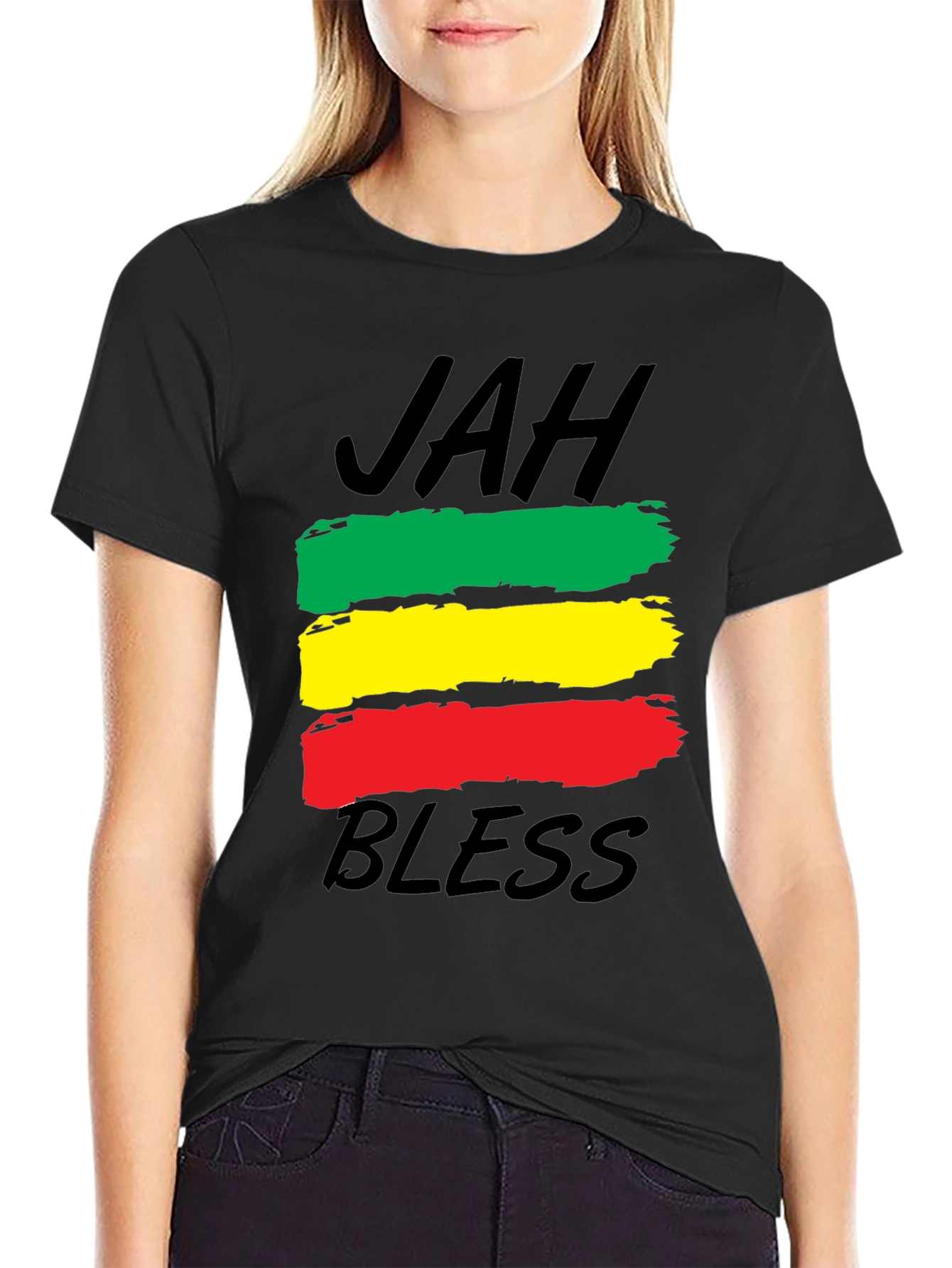 Black Rasta Reggae Jah Bless T-Shirt - Black view 2